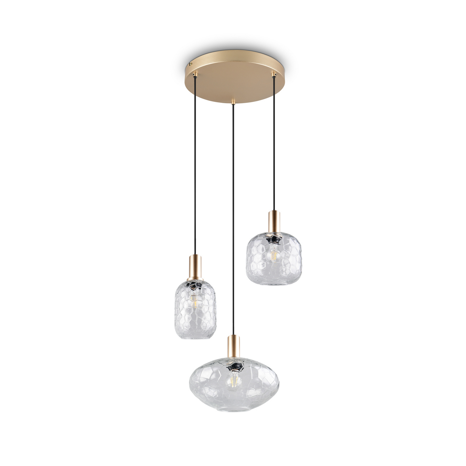 Hängelampe Emelie, 3-fl., goldfarben/klar, Metall, Glas, E27