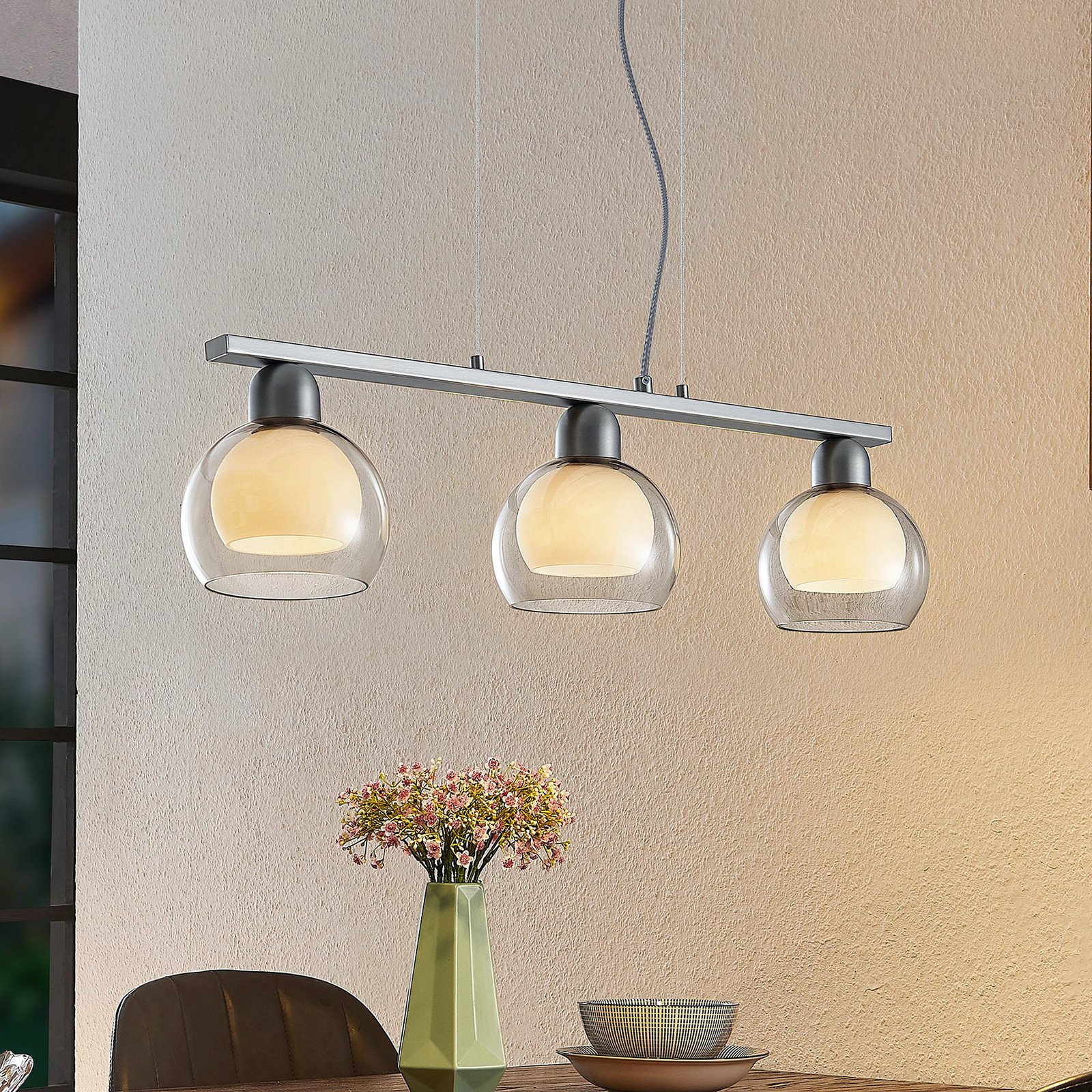 Lucande Kaiya lampă suspendată 3 becuri Ø 14 cm alungită - Camera de zi / sufragerie - modern - nichel alb gri fum - Metal