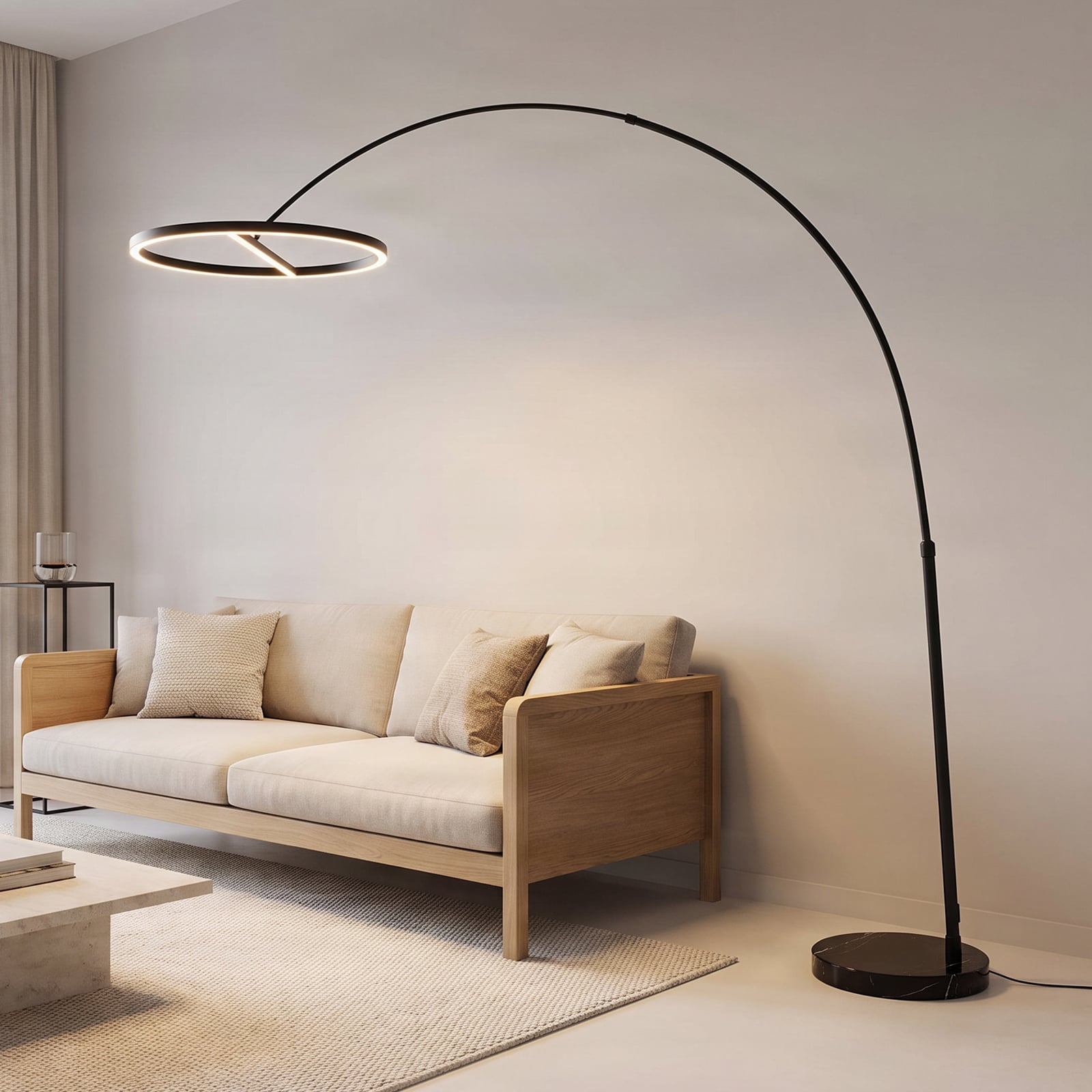 Lucande LED arc floor lamp Virvera, round, black, metal