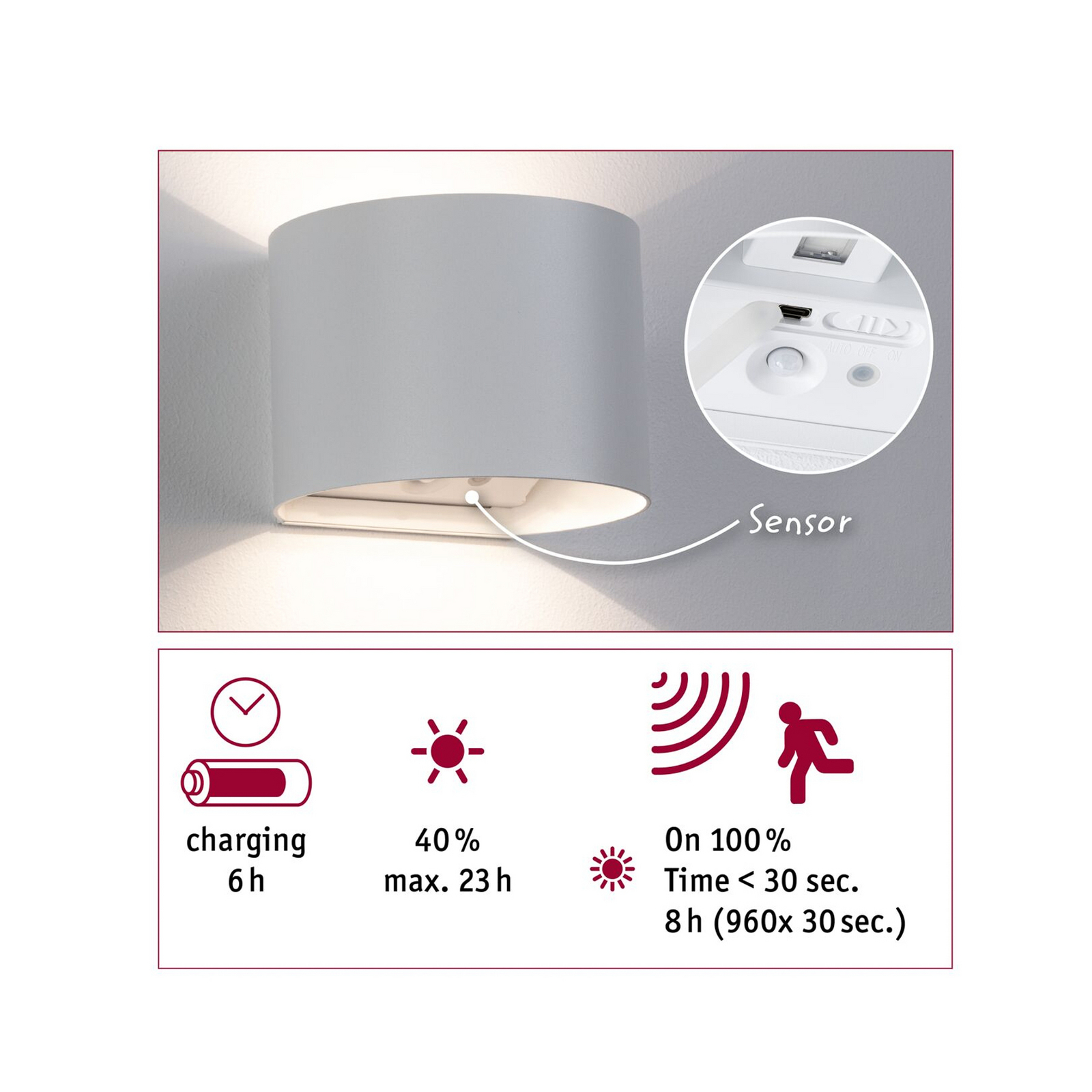 Paulmann Akku-Außenwandlampe Nyora, weiß, 14 cm, Sensor IP44