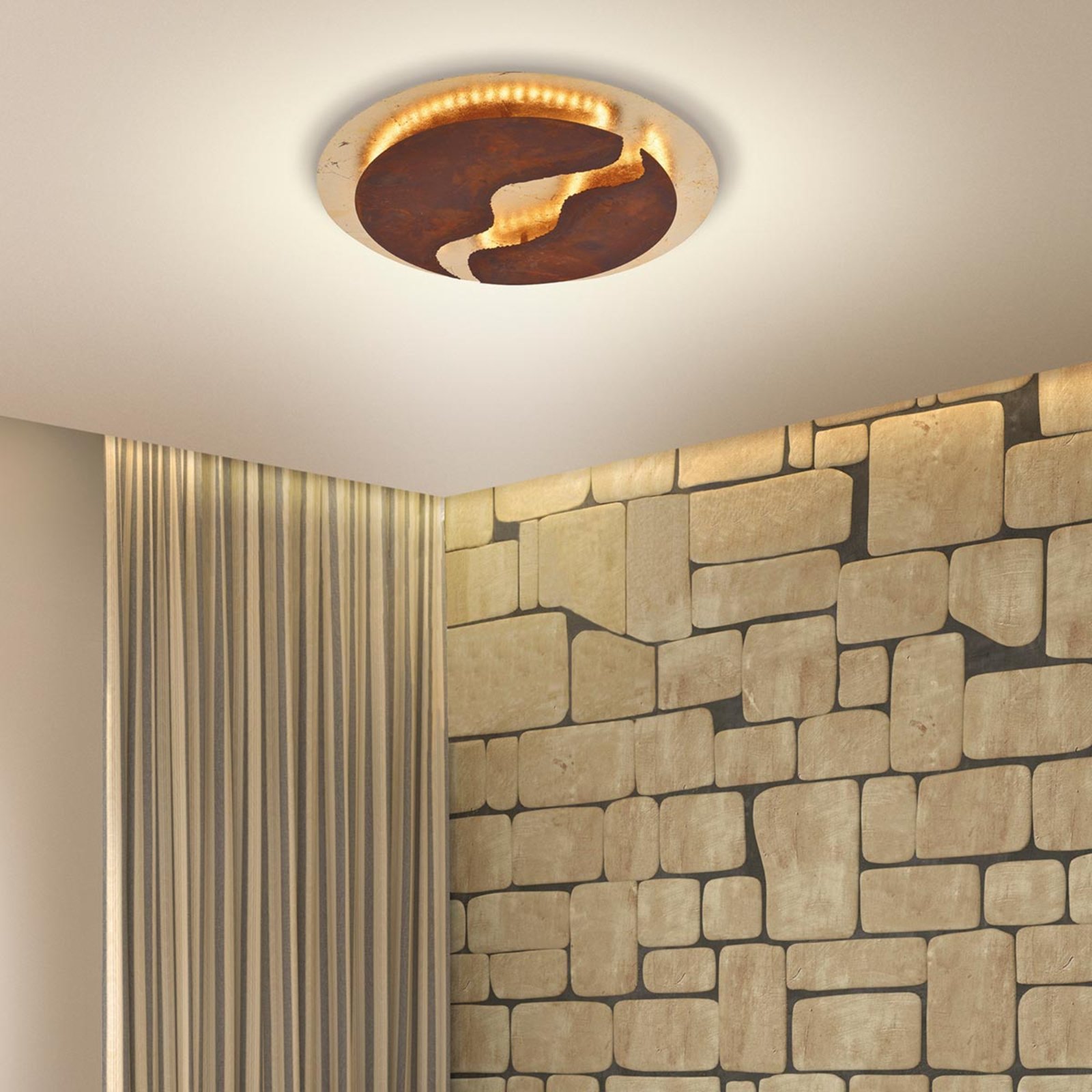 LED-loftlampe Nevis, rund, Ø 50 cm, brun-guld