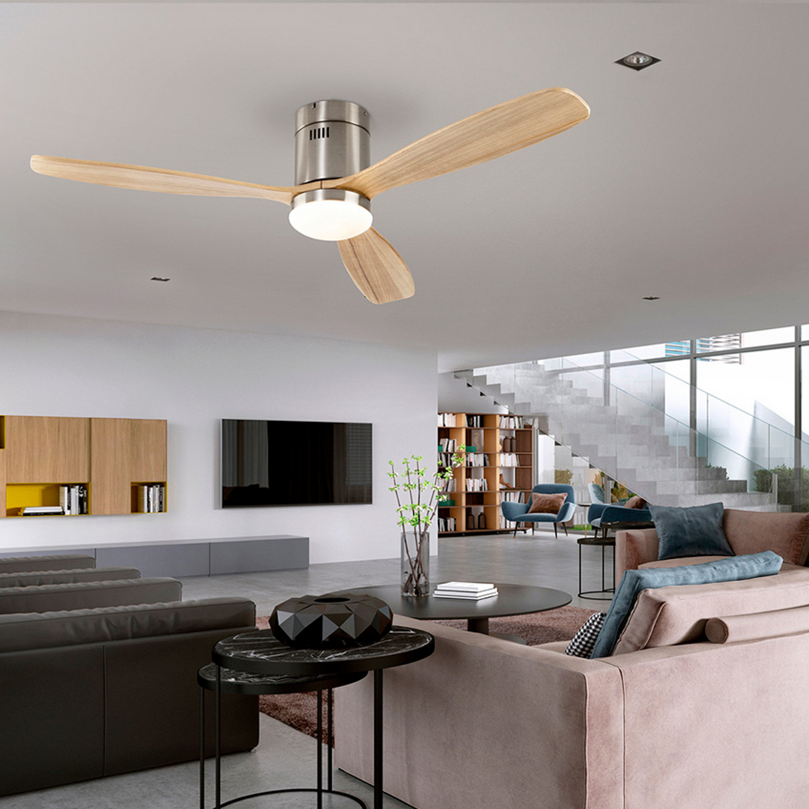 LED stropni ventilator Siroco, nikl/svetlo les Ø 132 cm tiho