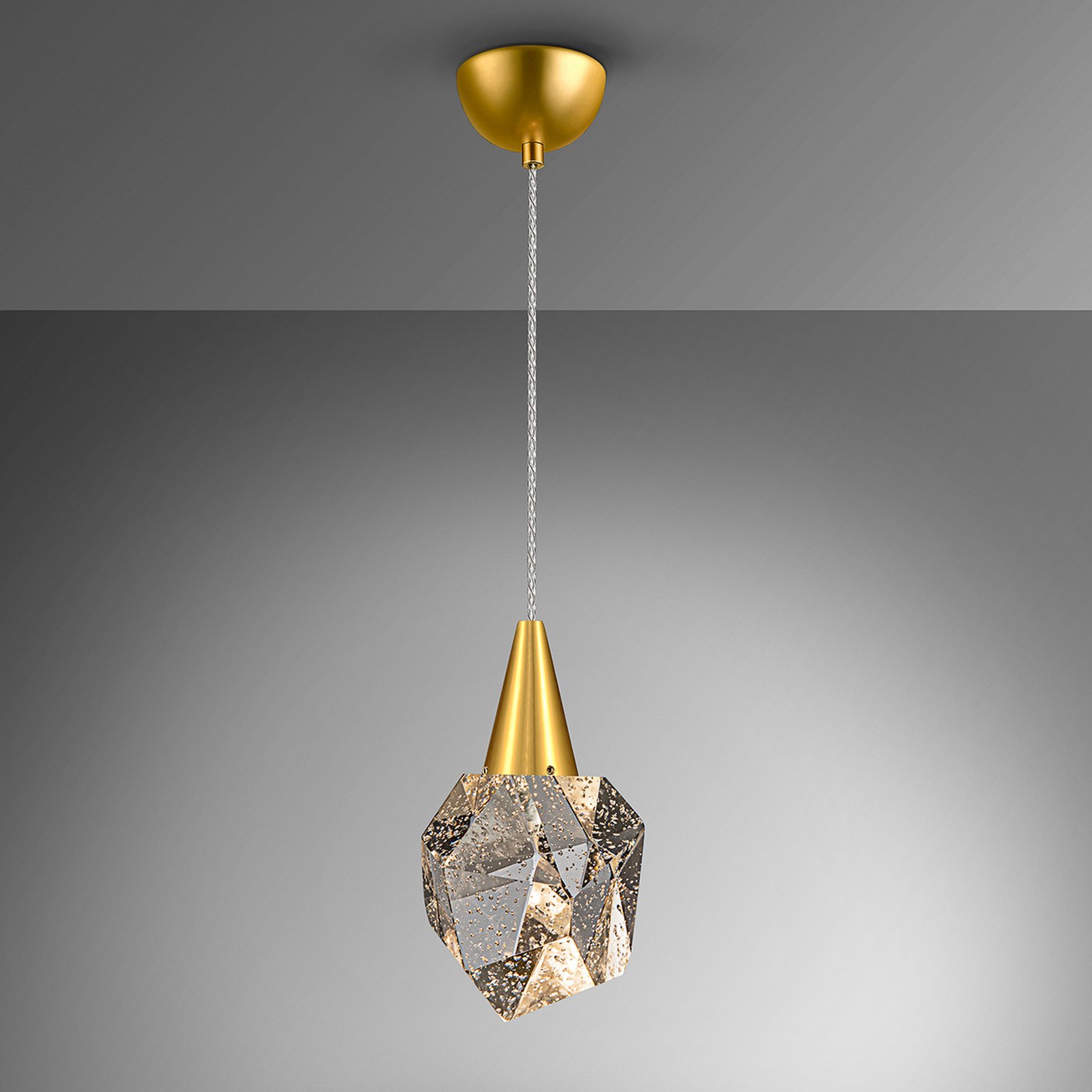 Suspension LED Aquaria, verre clair, or, polyédrique