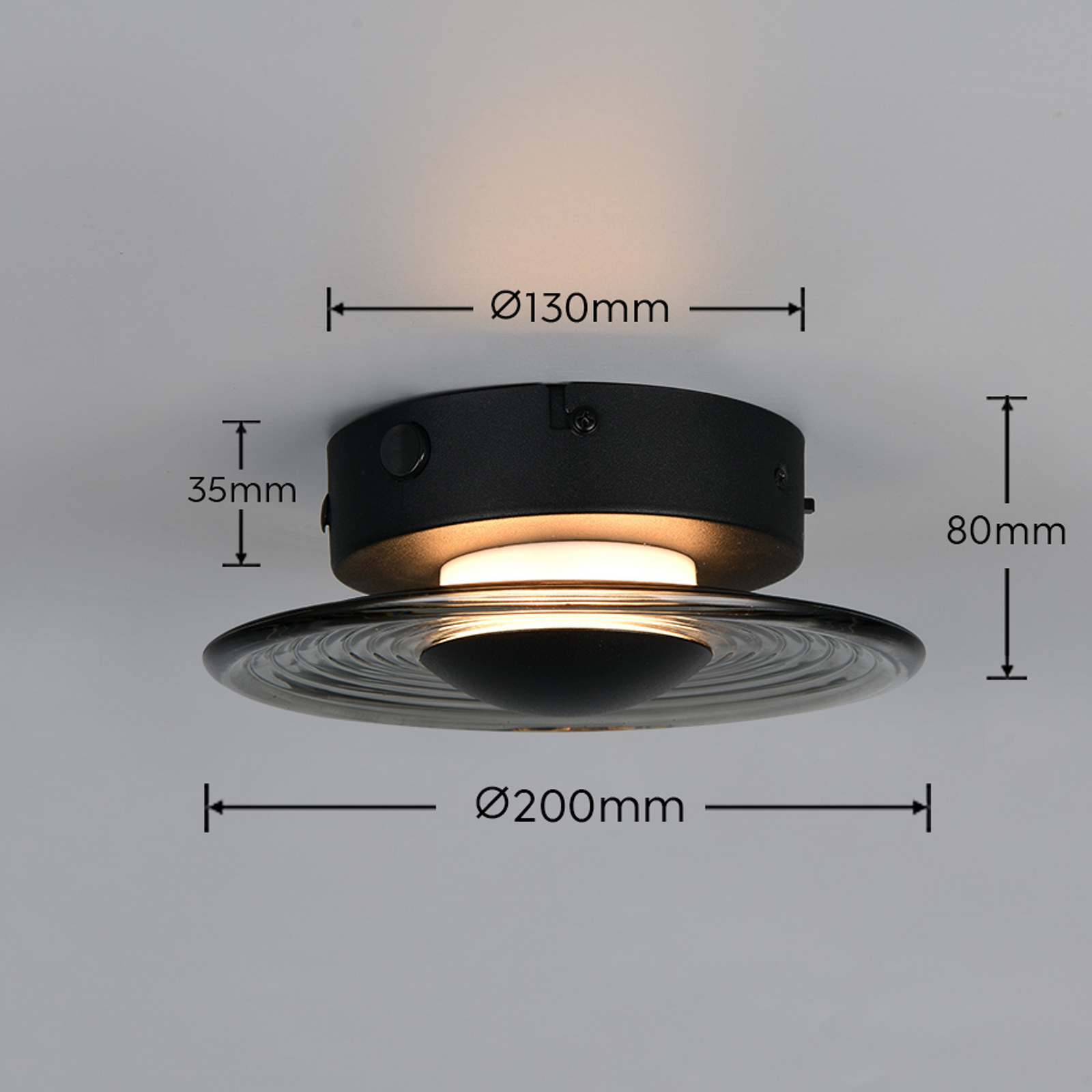 LED sienas lampa „Sirena“, melna/dūmakaini pelēka, Ø 20 cm, stikls, CCT LED sienas lampa „Sirena“, melna/dūmakaini pelēka, Ø 20 cm, stikls, CCT