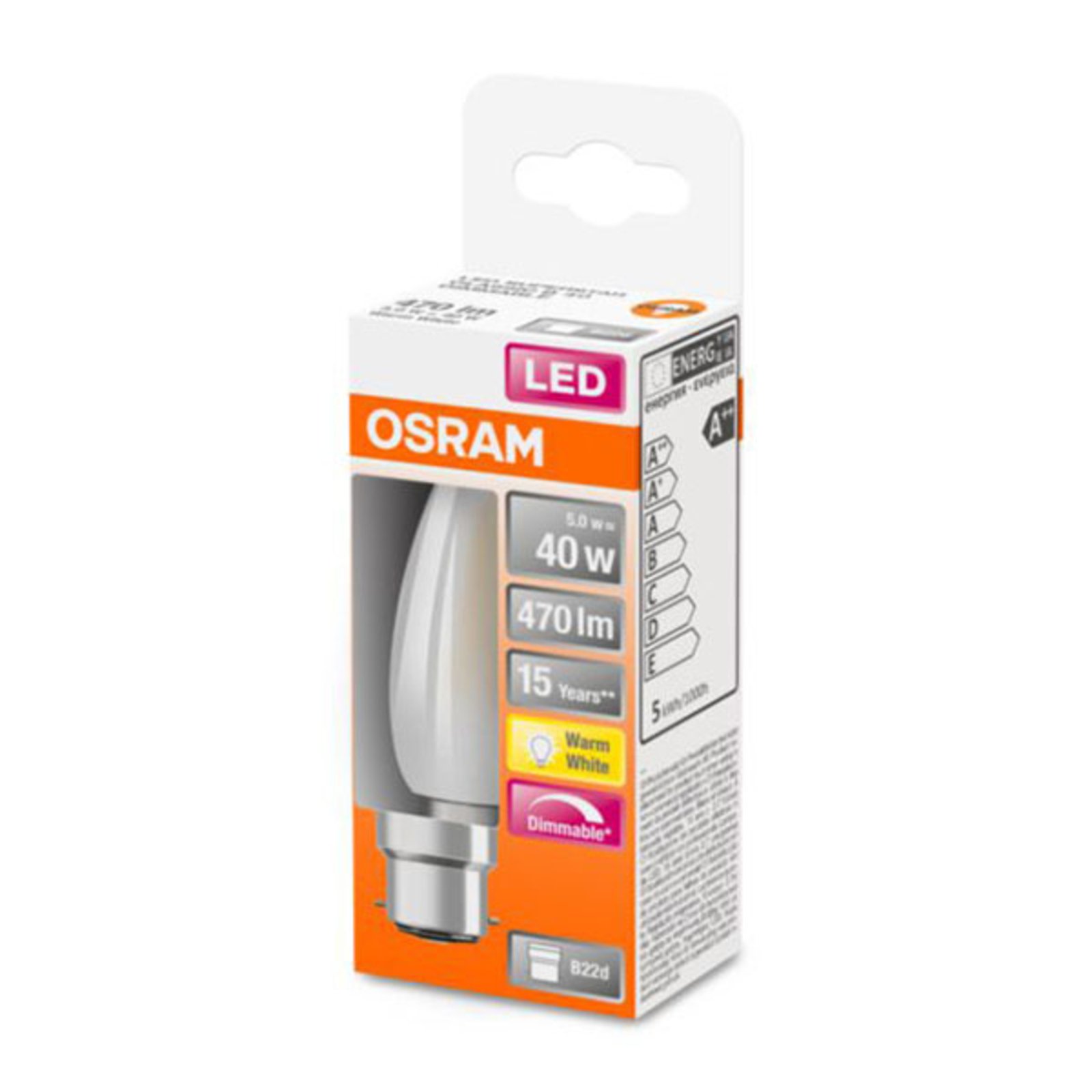 Candle LED bulb B22d 5W 2,700K matt dimmable