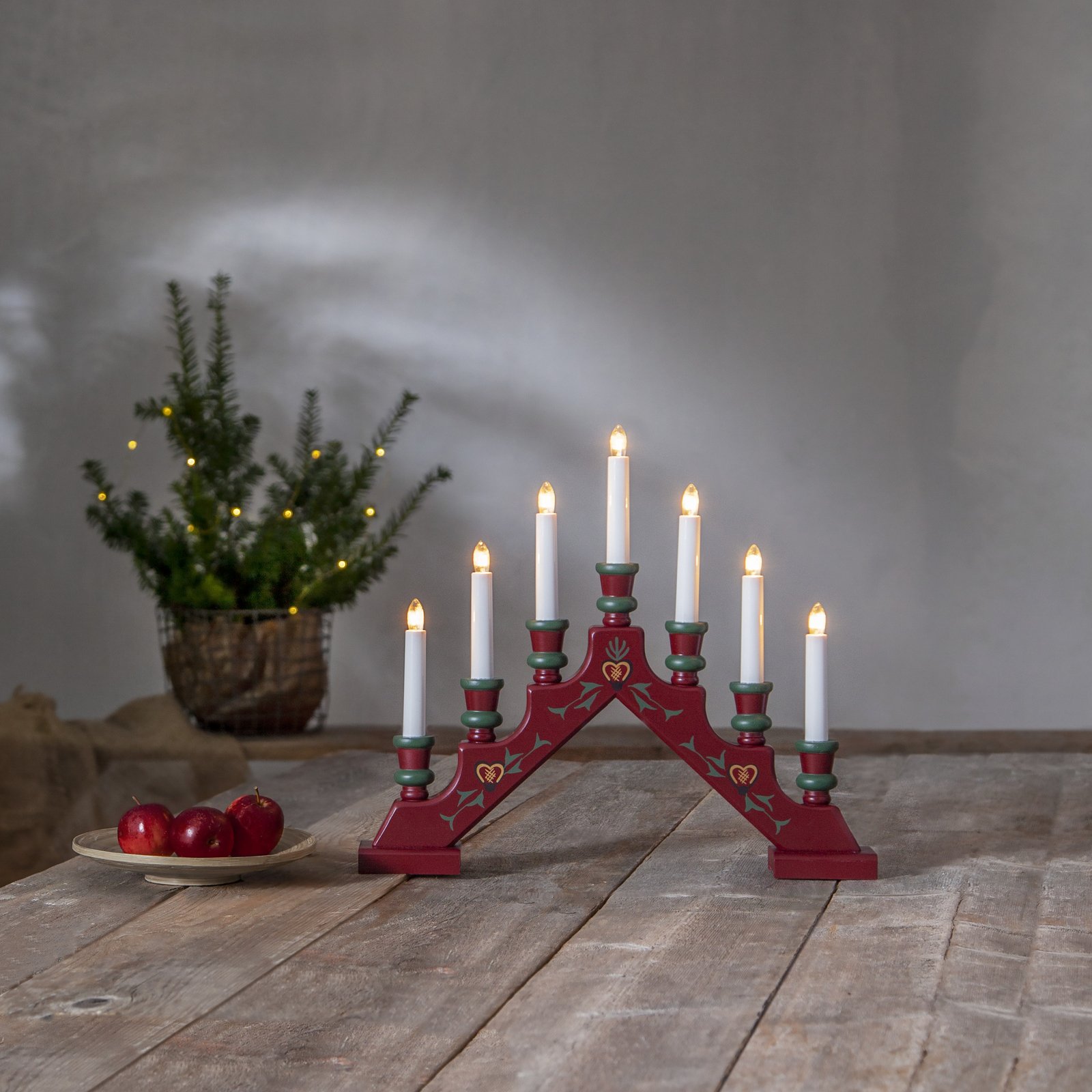 Sara candle arch, red, wood, 43 cm wide, 7-bulb, E10