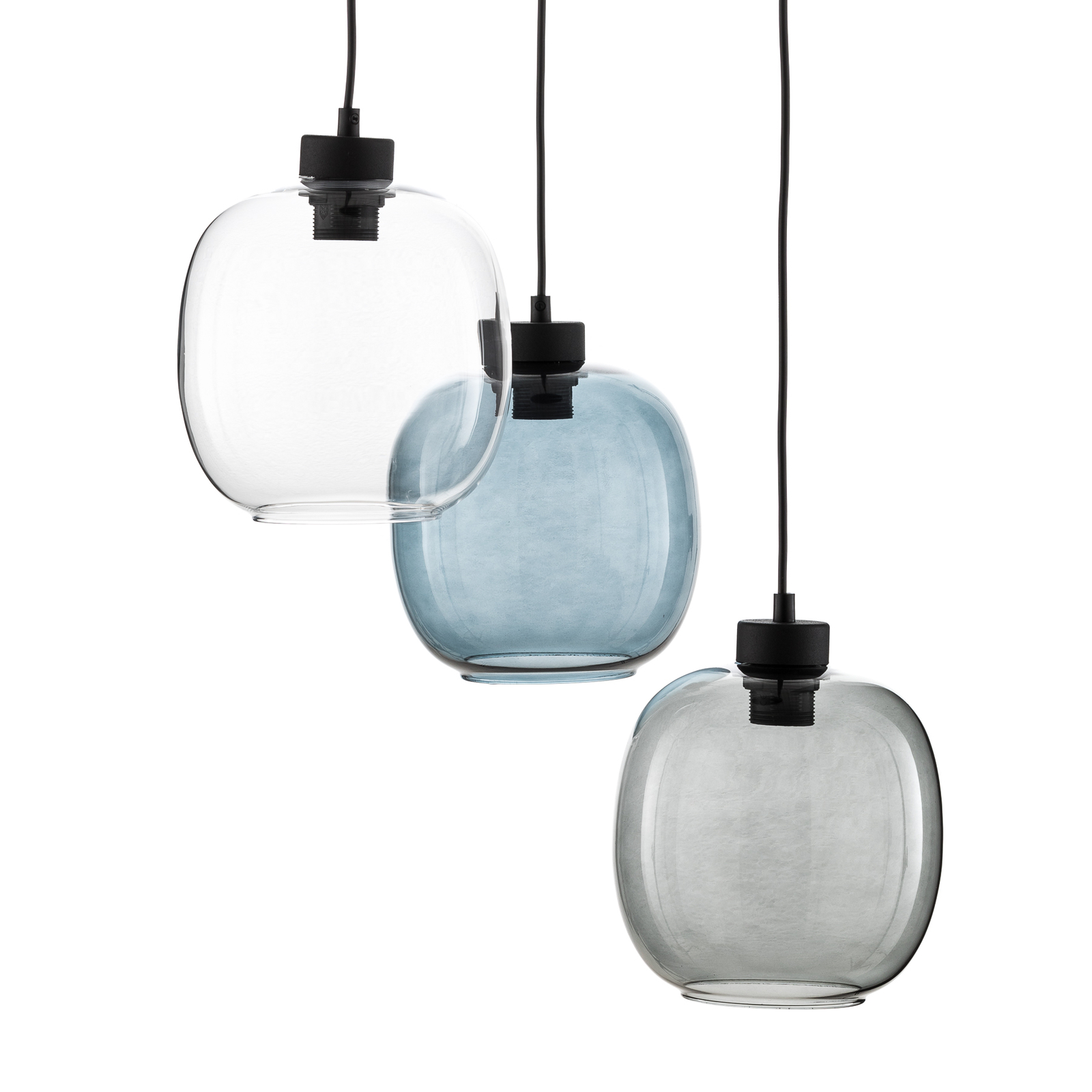 Suspension Elio, Glas, bleu/clair/gris, à 3 lampes, ronde
