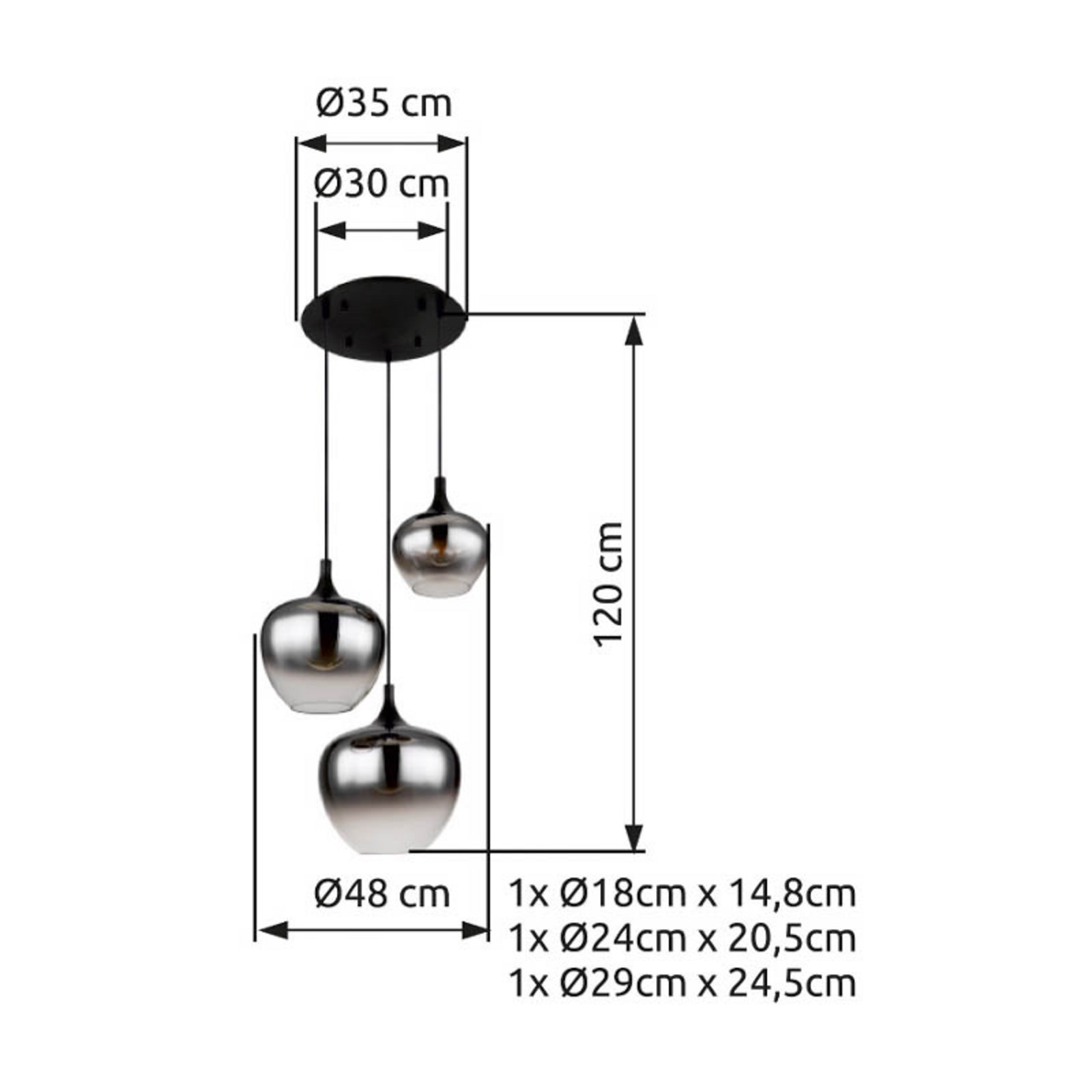 Maxy viseća lampa, Ø 48 cm, dimno siva, staklo, 3 žarulje.