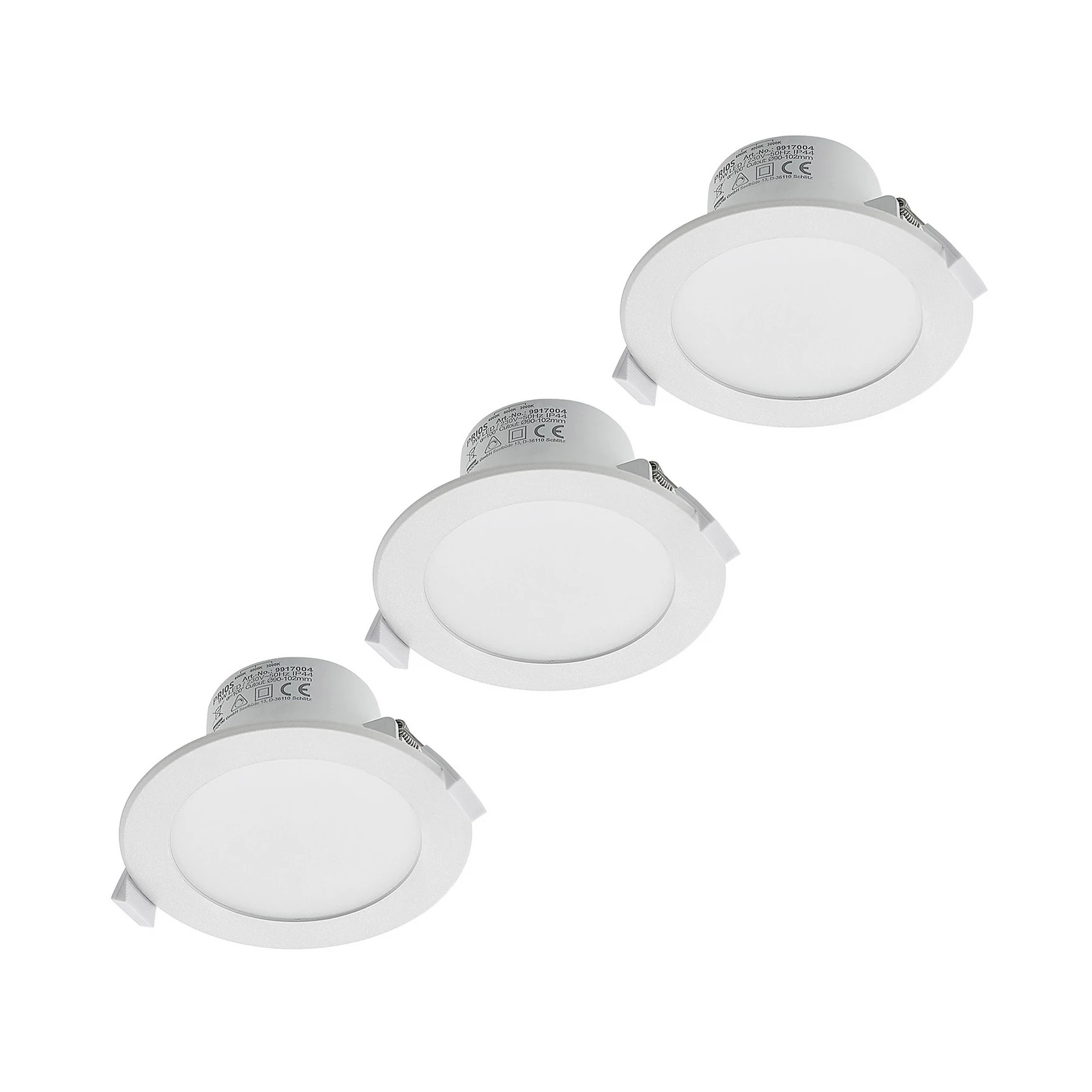 Prios LED-Einbaulampe Rida, 3er-Set, weiß, 12 cm, CCT, IP44