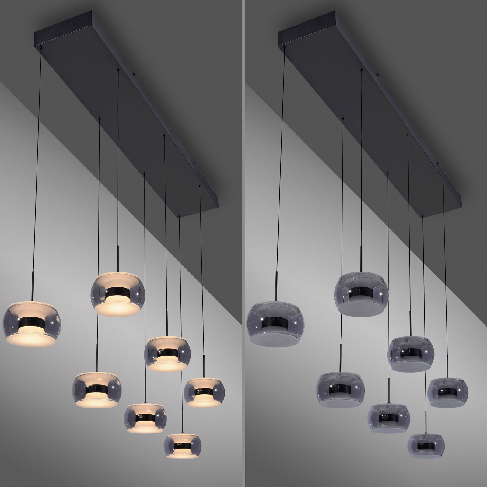 Fumea LED lógó lámpa, hossza 135 cm, fekete/füstös üveg, CCT 7 izzós
