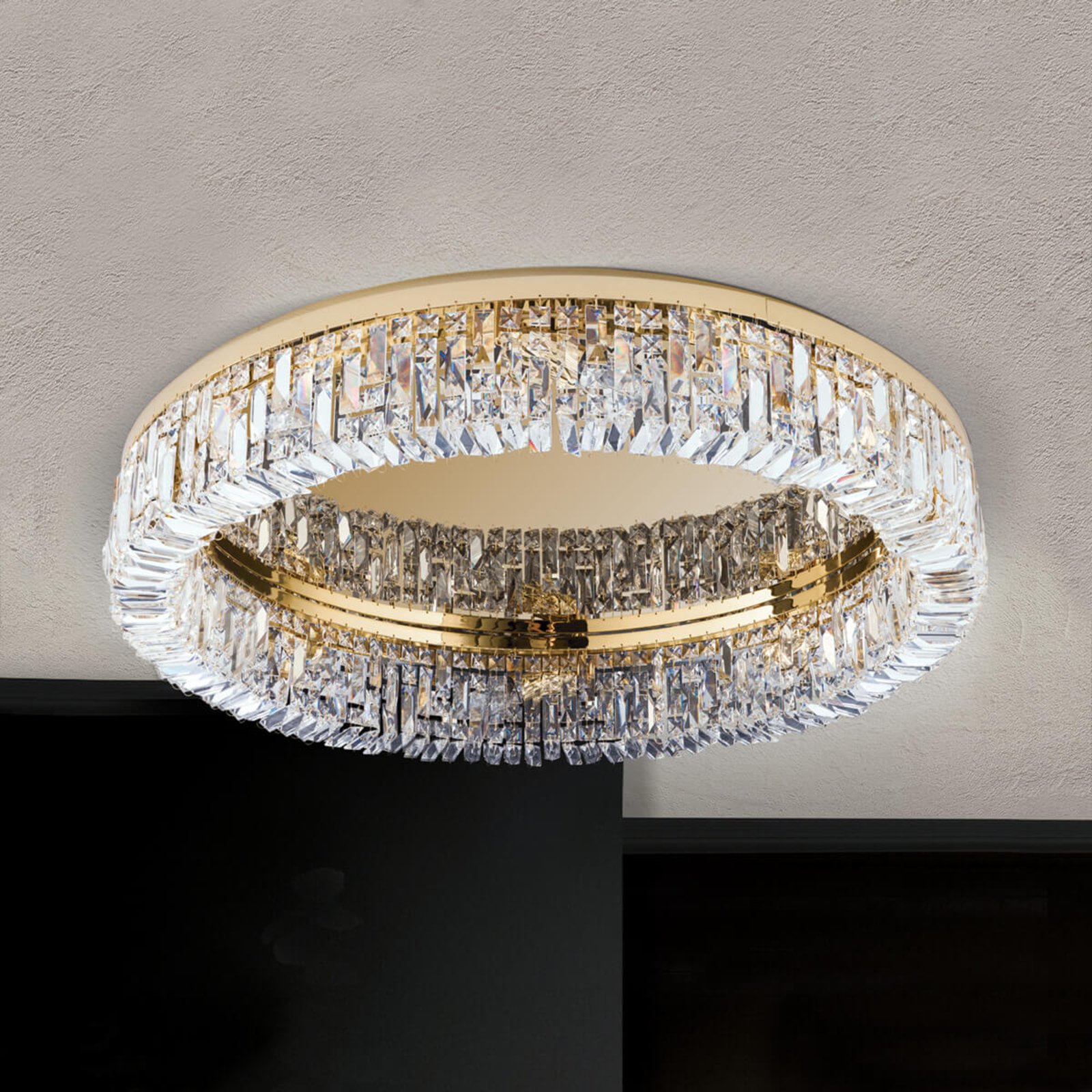 Ring crystal ceiling lamp - 24 carat gold-plated