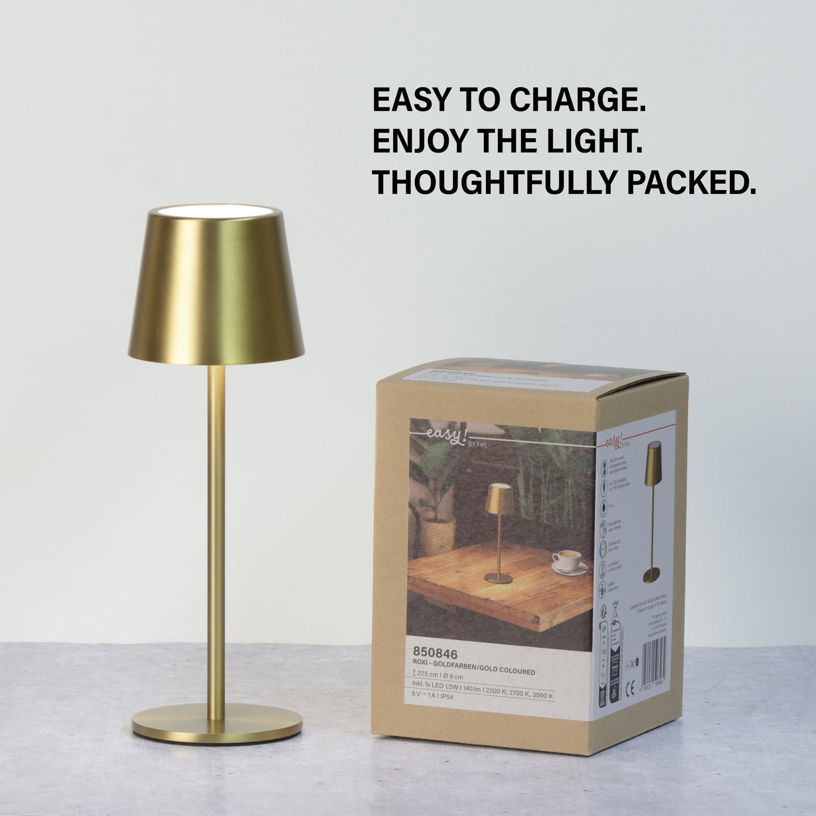 LED tafellamp Roxi, goudkleurig, metaal, IP54, dimbaar