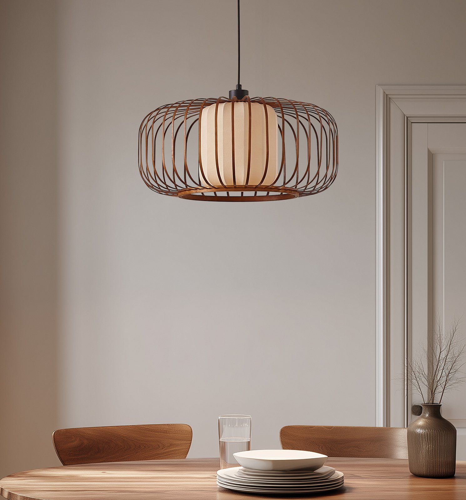 Lindby Pendelleuchte Davella, Ø 50 cm, Bambus, Textil