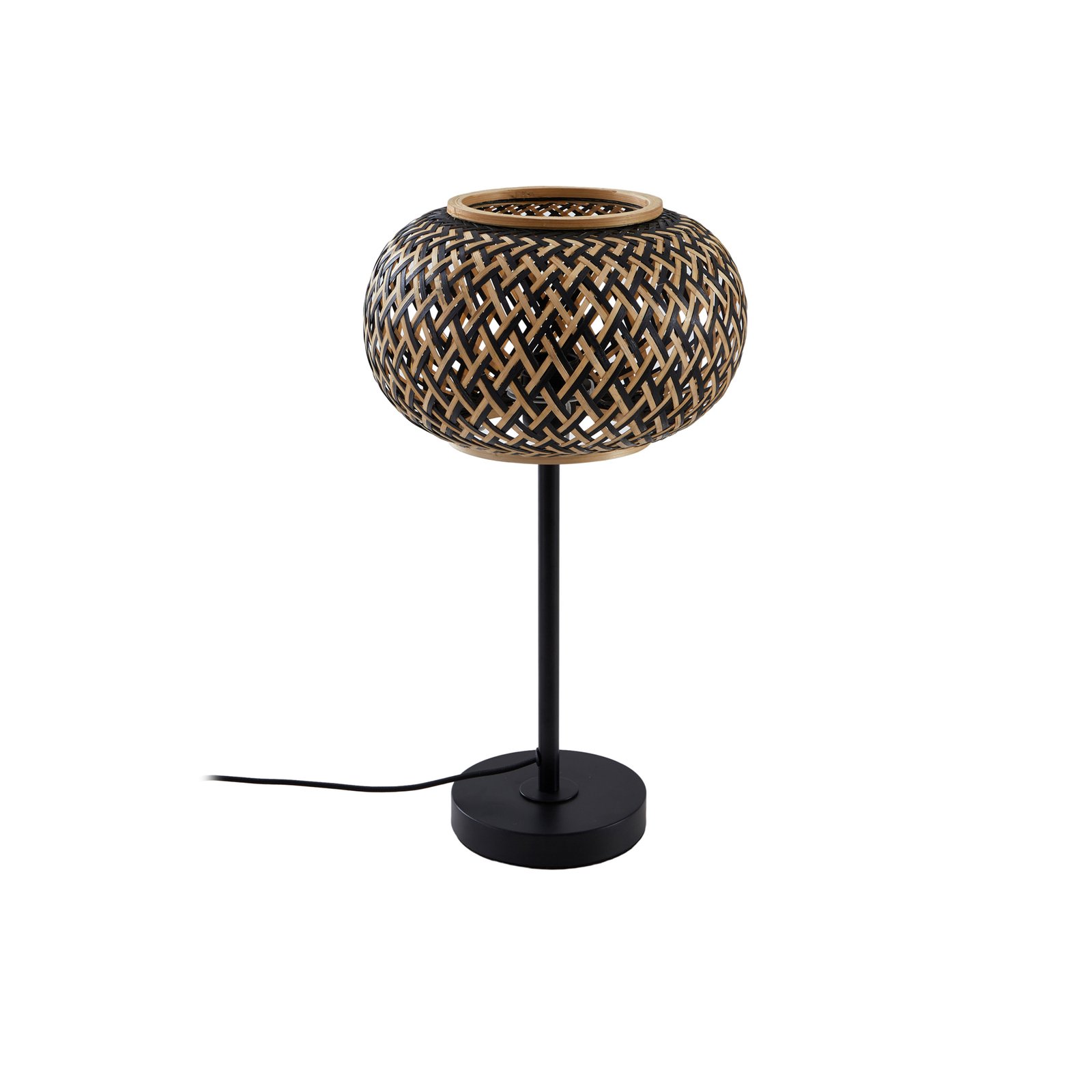 Stolná lampa Lindby Nerys, čierna, bambus, Ø 28 cm