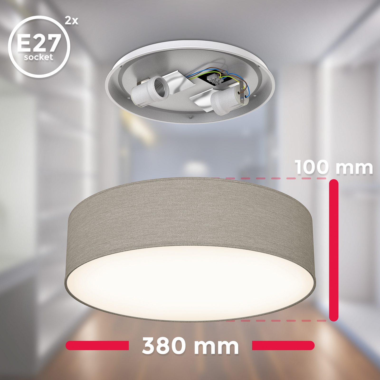 Plafondlamp Litora, taupe, Ø 38 cm, textiel, E27 Plafondlamp Litora, taupe, Ø 38 cm, textiel, E27