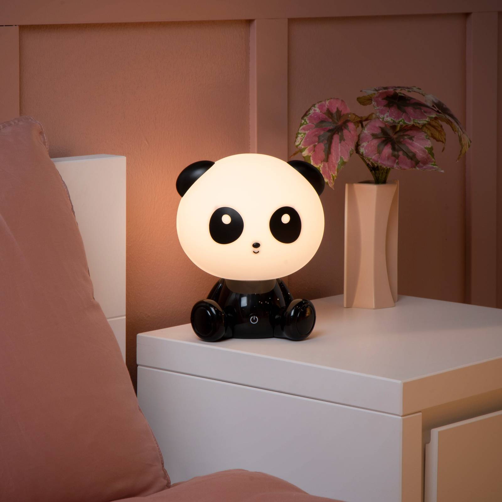 Dziecięca lampa stołowa Dodo Panda, czarna/biała, ściemniana, ABS