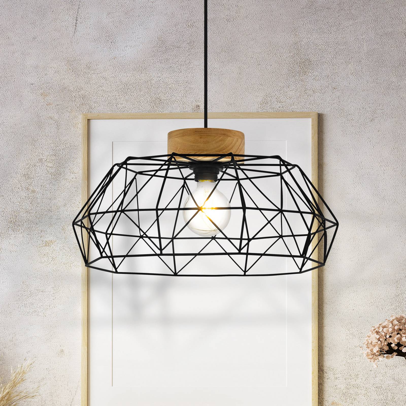 EGLO Suspension Padstow abat-jour cage et détails bois