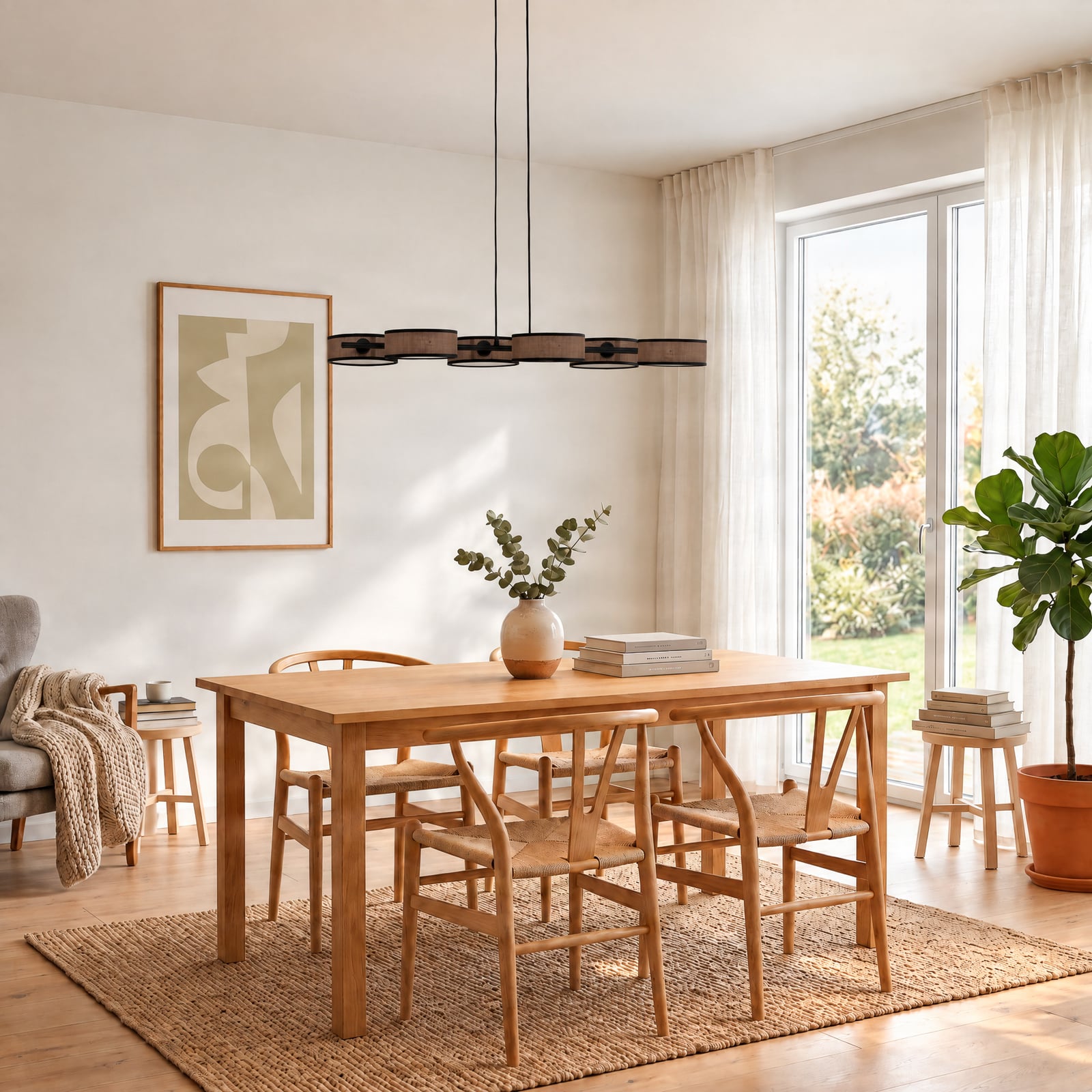 Lampada a sospensione DRUMZ, marrone, lunghezza 100 cm, a 6 luci, tessuto, E14