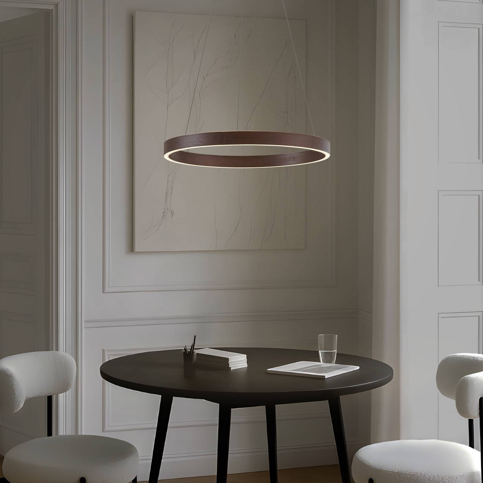 Żyrandol LED Lucande Yonam, Ø 60 cm, 1-punktowa, brązowa, CCT