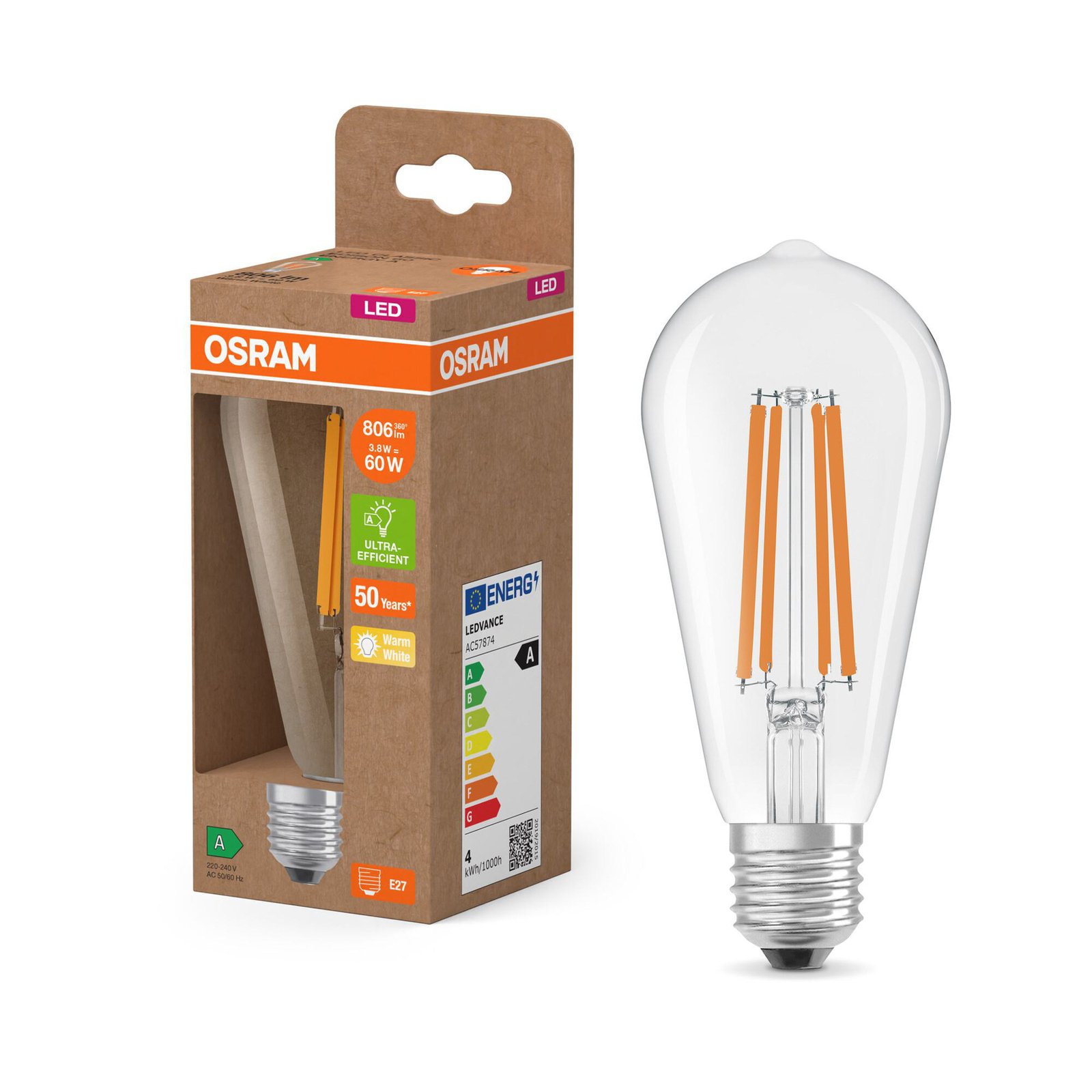 OSRAM LED lamp Edison E27 3.8W Filament 2.700K