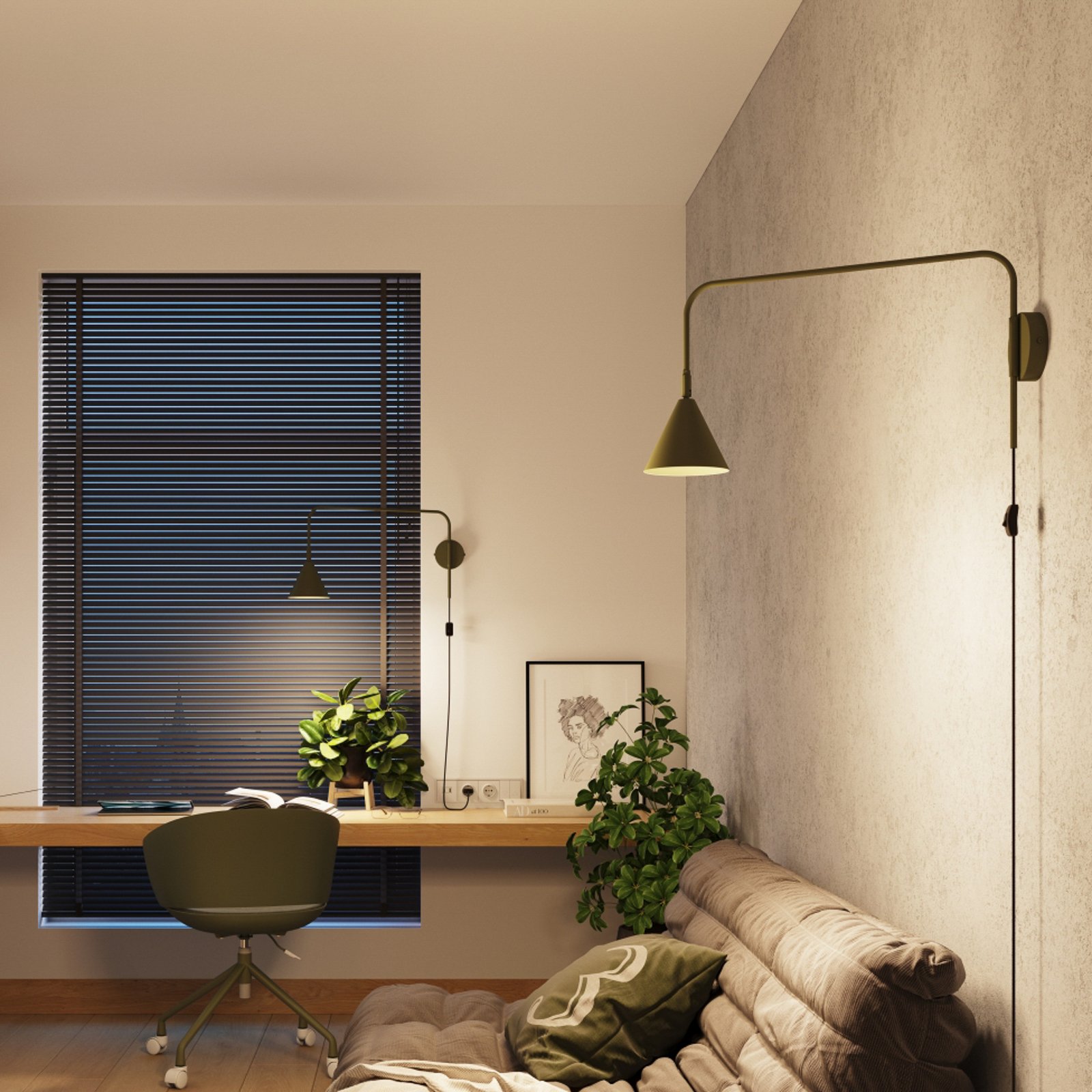 Wandleuchte LYS, olivgrün, Ø 14 cm, Metall, Stecker, E14