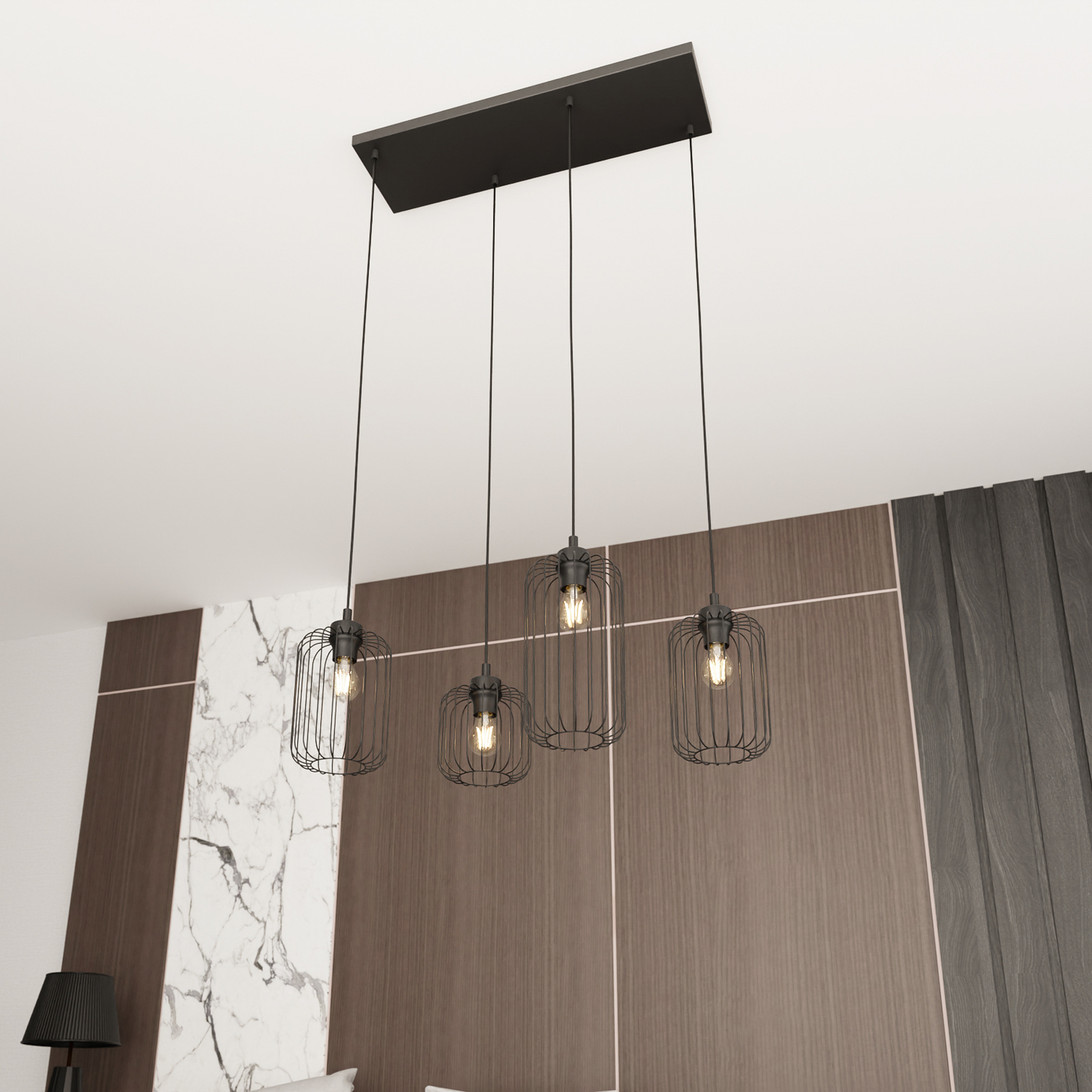 Vander pendant light, 4-bulb, 70 cm, black, metal, E27