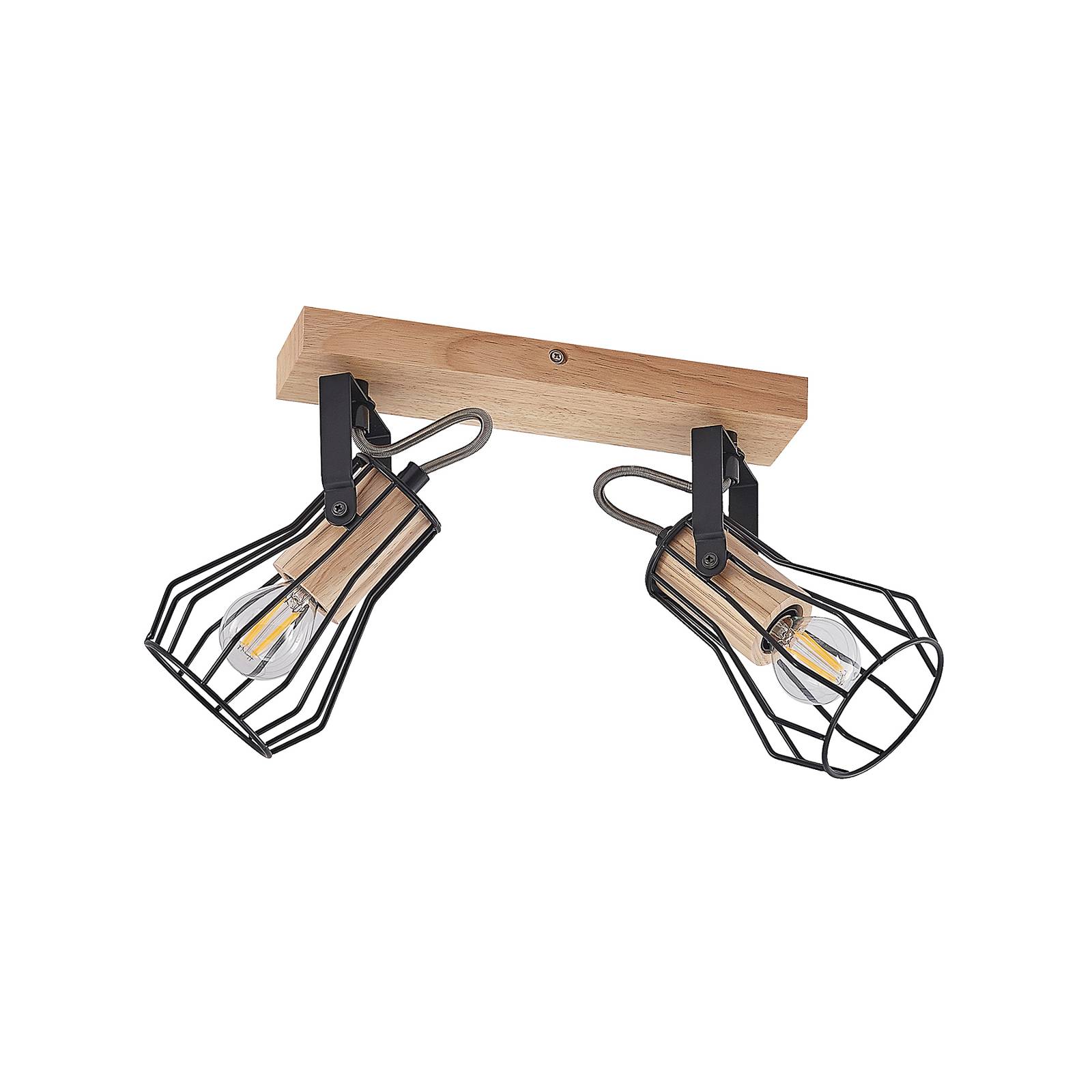 Lindby Courtney ceiling spotlight, cages, 2-bulb, for Living / Dining Room, steel, rubber tree wood, E14, 10 W, L: 36 cm, W: 11 cm, H: 16.5 cm