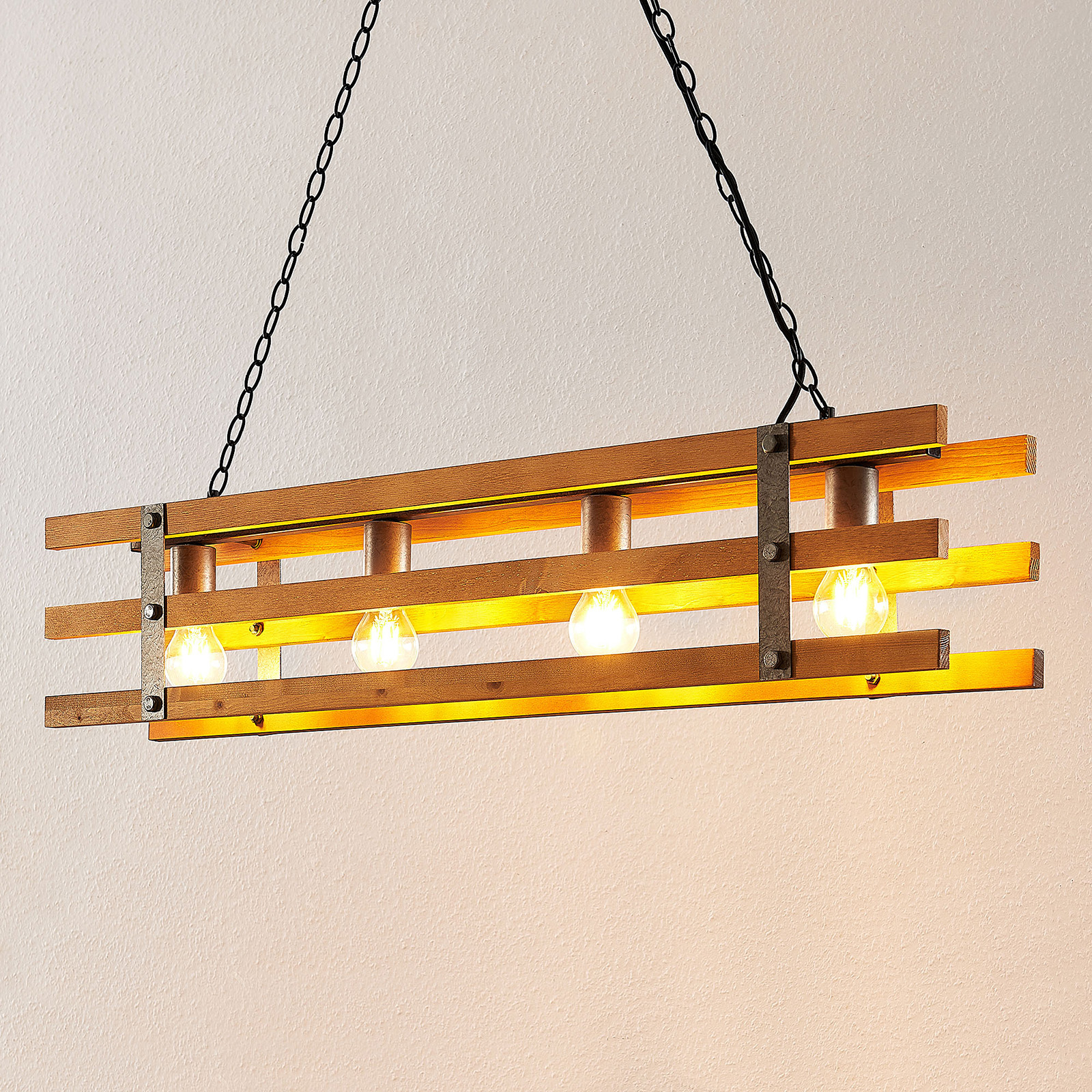 Lindby Jamina wooden hanging light, four-bulb, for Living / Dining Room, wood, metal, E27, 28 W, energy efficiency: A++, L: 100 cm, W: 15 cm, H: 20 cm