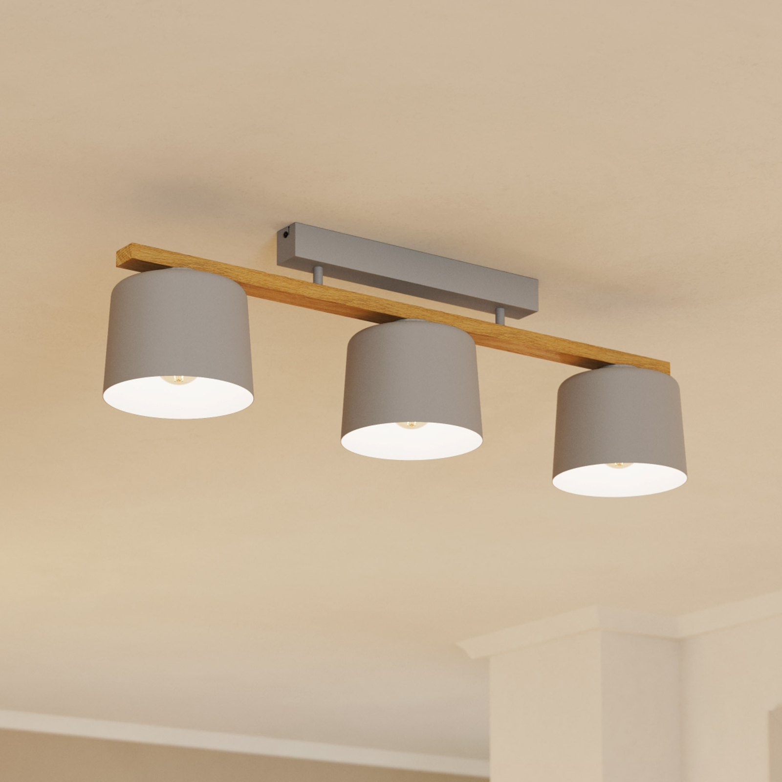 Plafonnier Mariel 3 lampes gris clair bois naturel