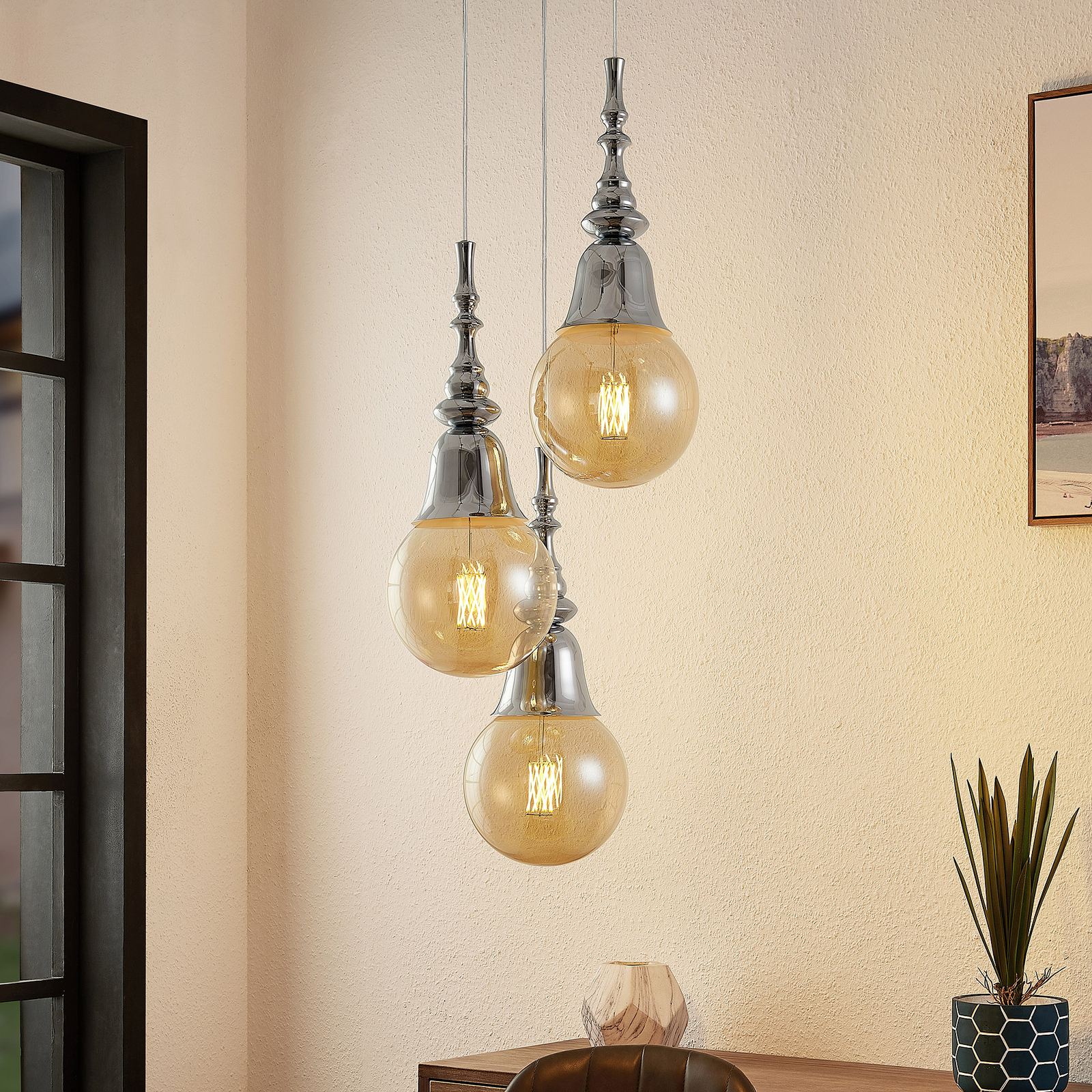 Lucande Gesja suspension, 3 lampes, ronde, chromée