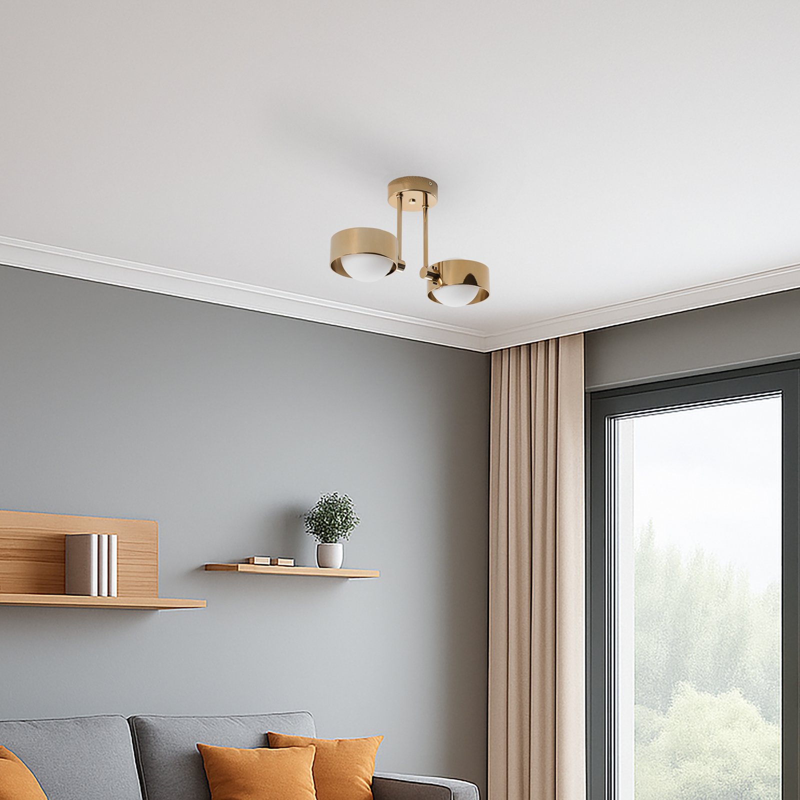 Mado ceiling light, brass-coloured steel, opal glass, 2-bulb