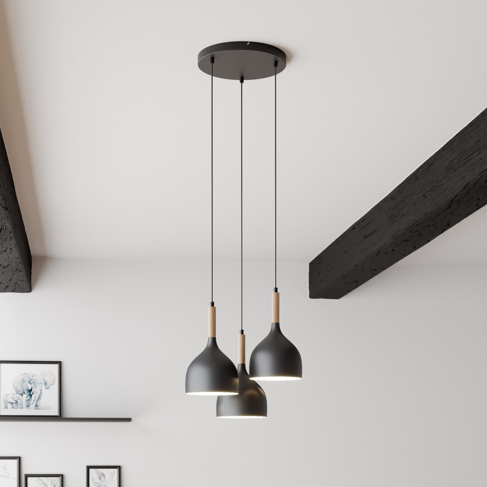 Luminex Lampă suspendată Noak cu 3 becuri rotundă negru/lemn natural - Camera de zi / sufragerie - Modern - negru lemn deschis - Metal