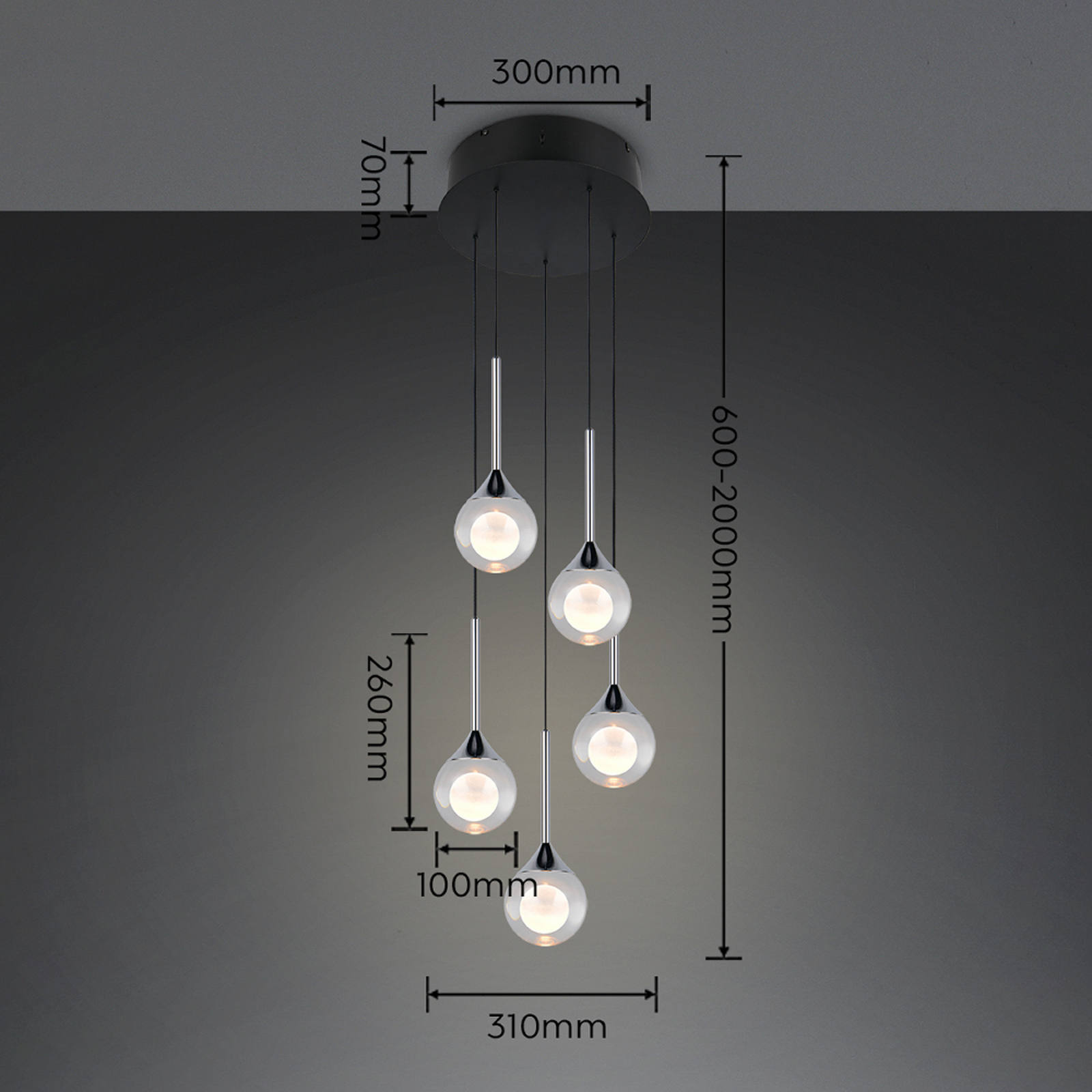 LED висяща лампа „Calista“, хромиран цвят, Ø 31 см, метал/стъкло, 5 лампи LED висяща лампа „Calista“, хромиран цвят, Ø 31 см, метал/стъкло, 5 лампи