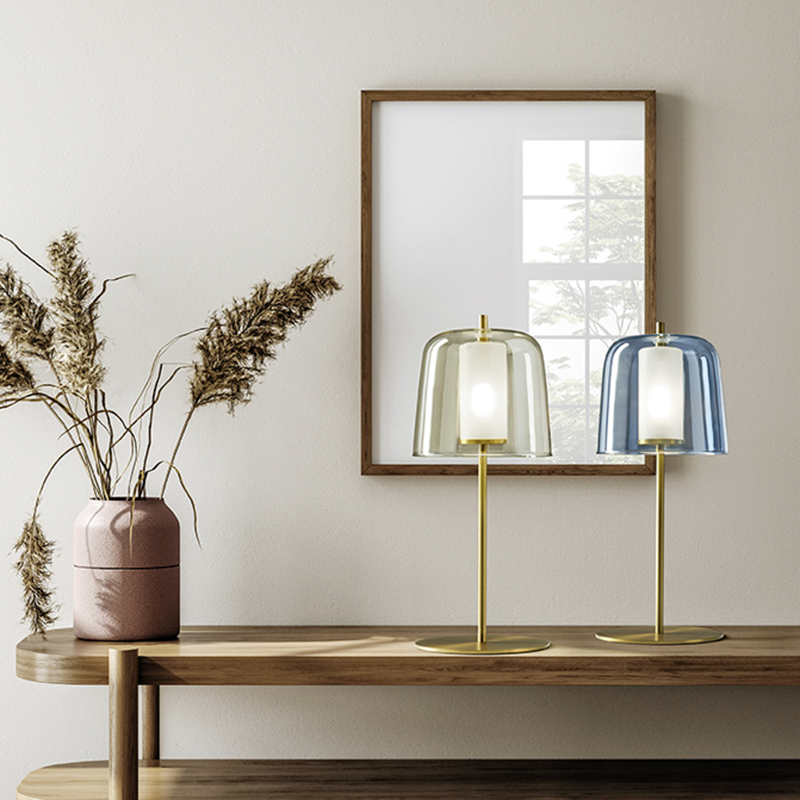 Lampada da tavolo Frida, telaio oro, esterno blu