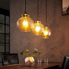 Lindby pendellampe Tymoni, 3 lyskilder, rav, glas, Ø 20 cm