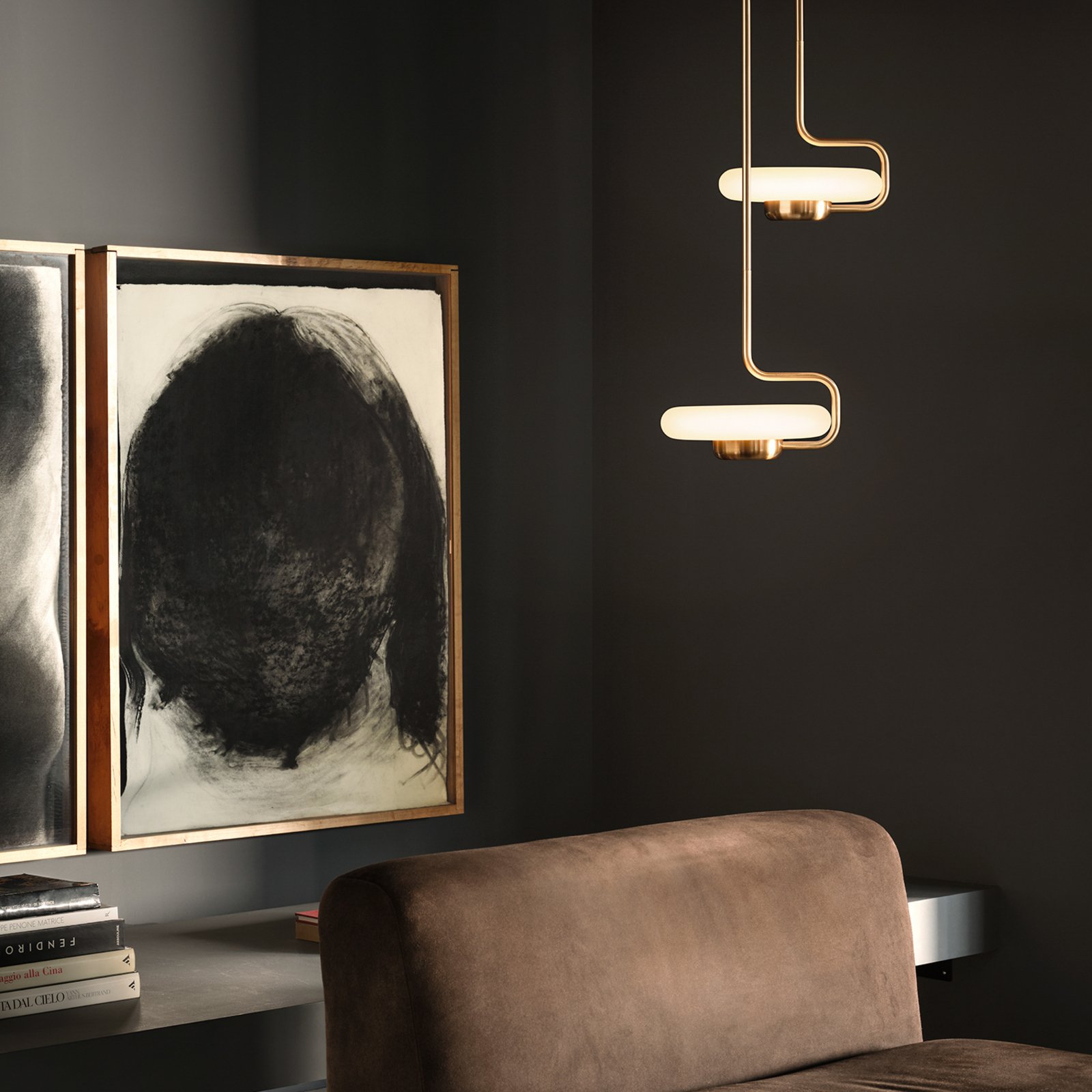 kdln Lampada LED a sospensione TRATTO, ottone, Ø 27 cm, metallo/vetro