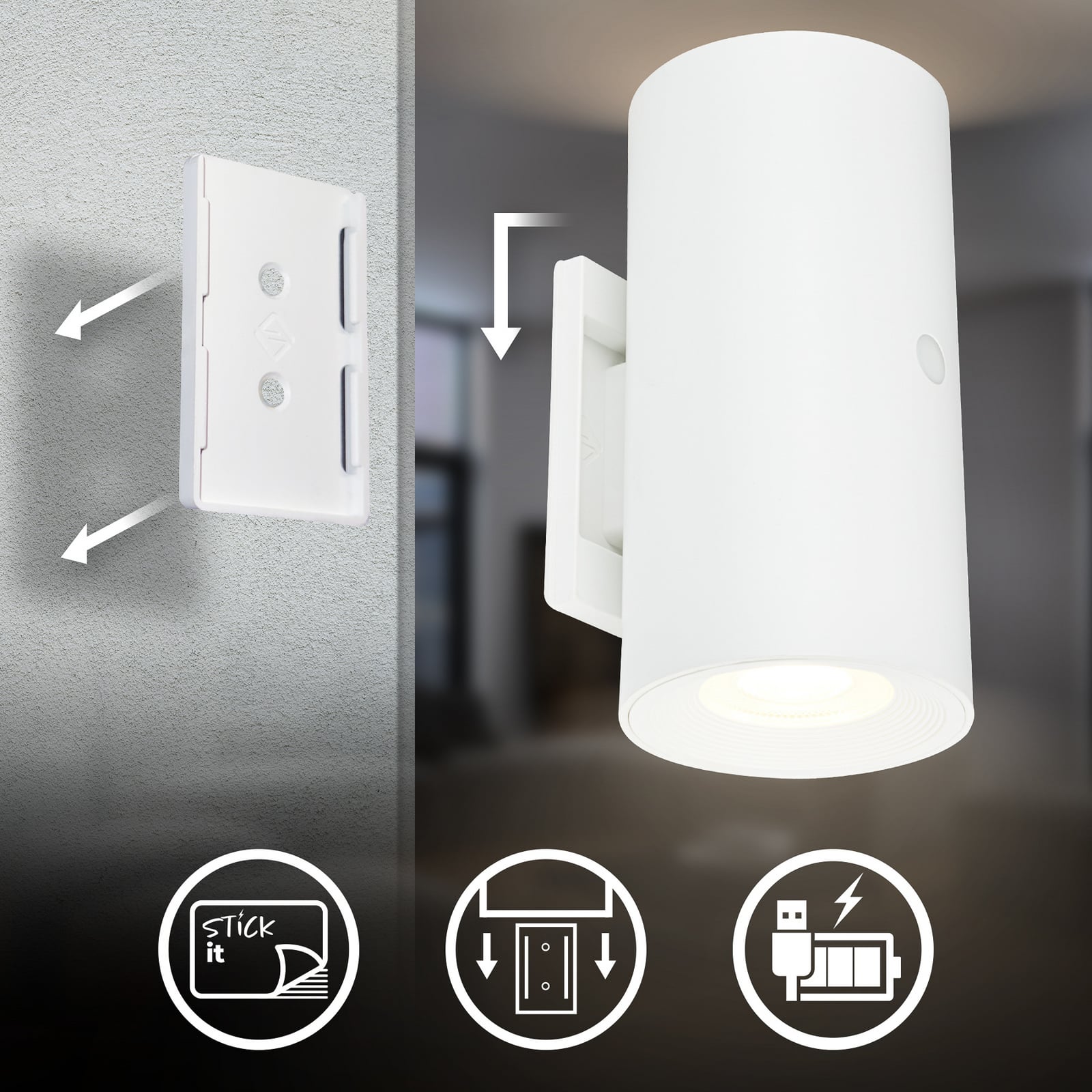 LED akumulátorové nástěnné světlo Isy, matná bílá, plast, 3 000 K