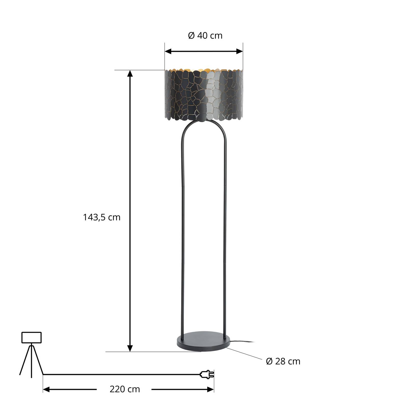 Lampa stojąca Lindby Aralena, czarny/złoty, wysokość 143,5 cm