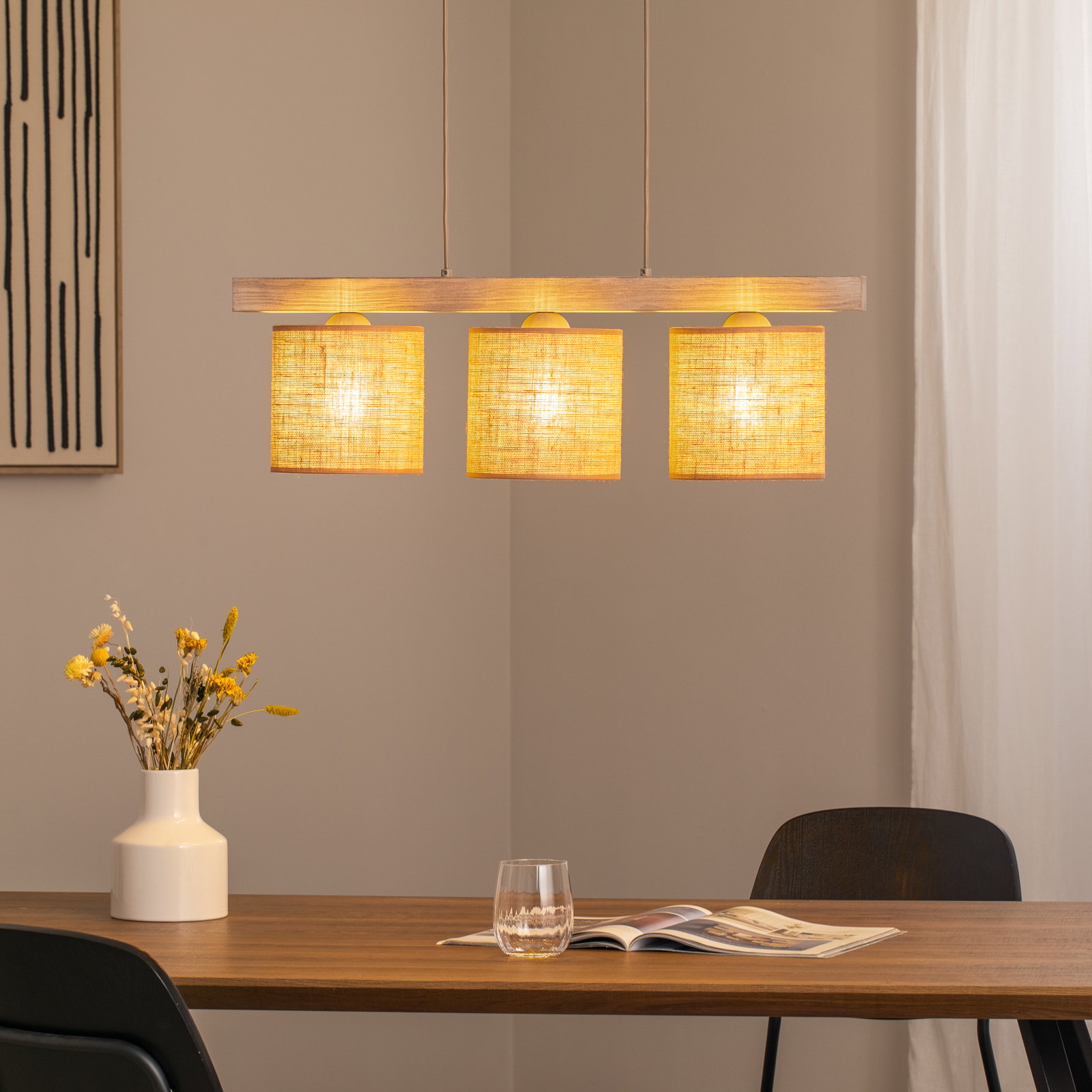 Forest pendant light, 3-bulb, light wood, natural jute