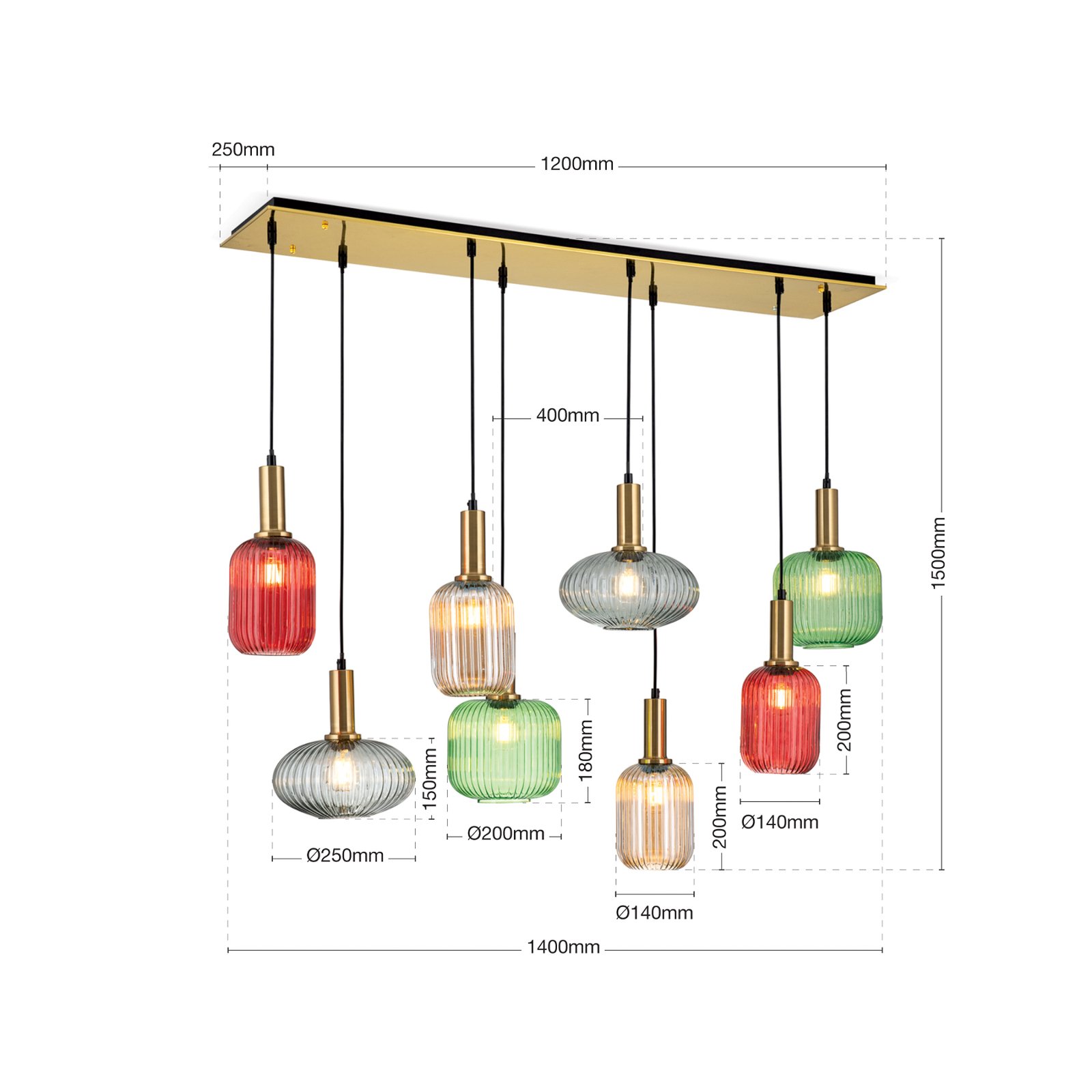 Suspension Carneval, multicolore, longueur 140 cm, verre, 8 lampes