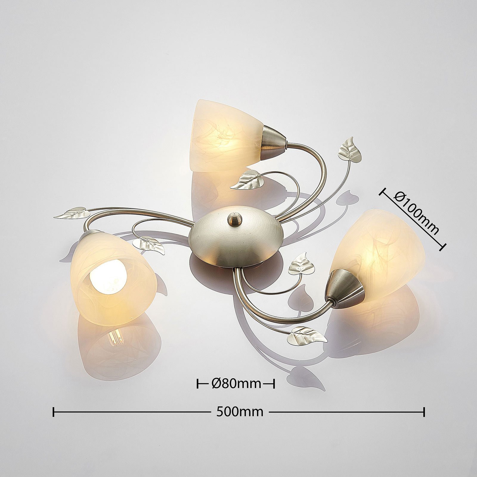 Lindby Deckenleuchte Yannie, 3-flg., 50cm, nickel/weiß, Glas