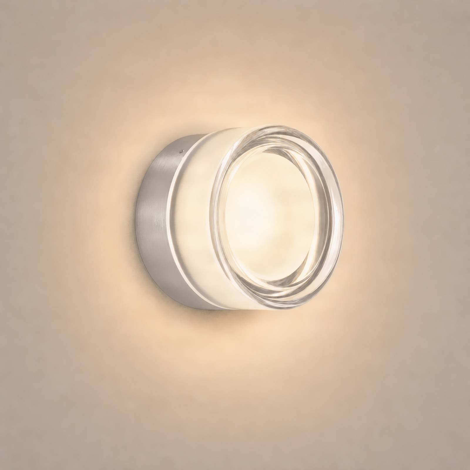 Kinkiet LED Lucande „Somber”, nikiel/przezroczysty, Ø 12,5 cm, IP44