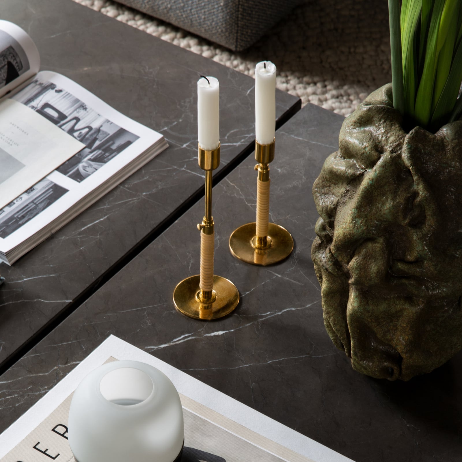 Duca candle holder, brass, height 24 cm, rattan - Audo