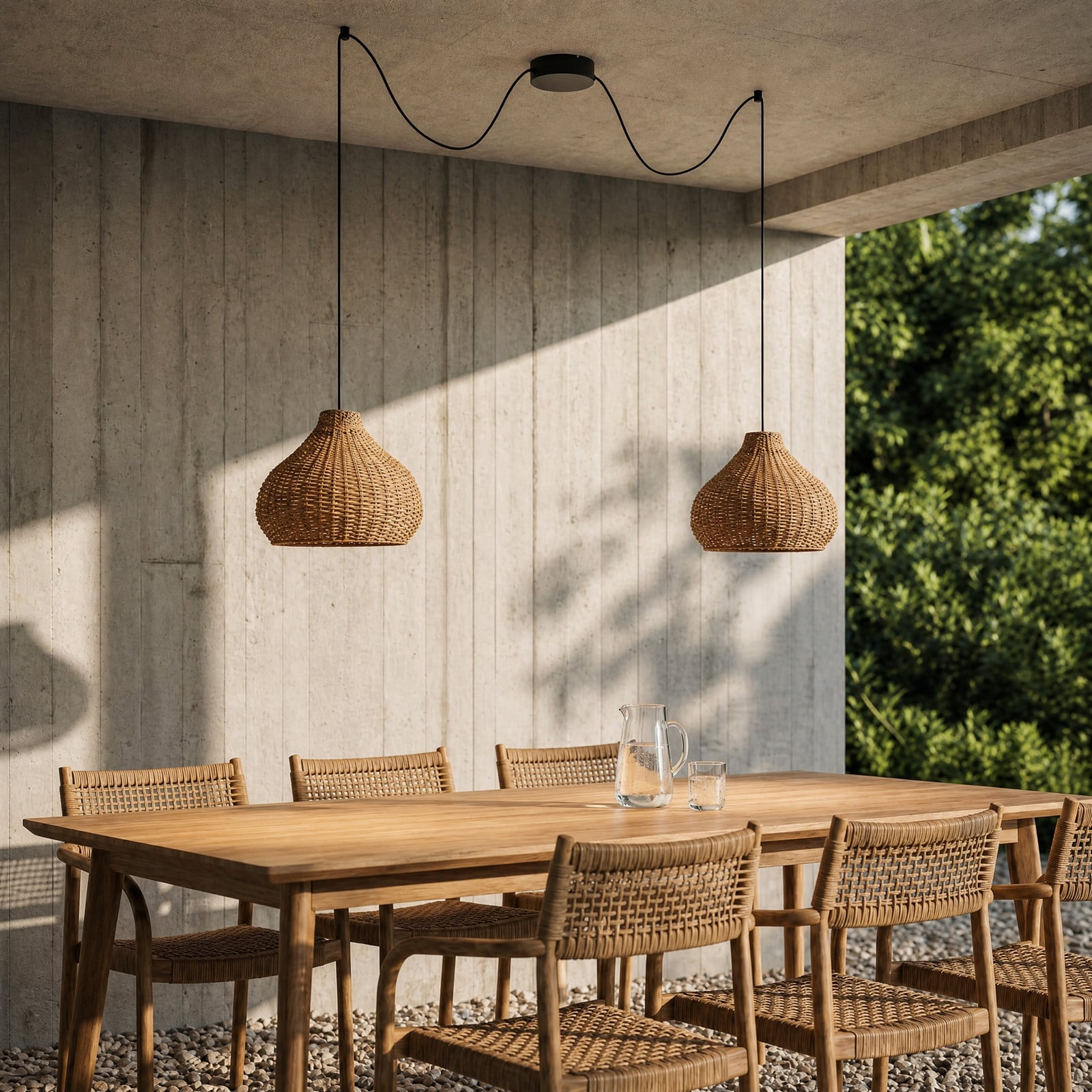 Lucande, suspension d'extérieur Taniola, à 2 lampes, beige, rotin, IP44 Lucande, suspension d'extérieur Taniola, à 2 lampes, beige, rotin, IP44