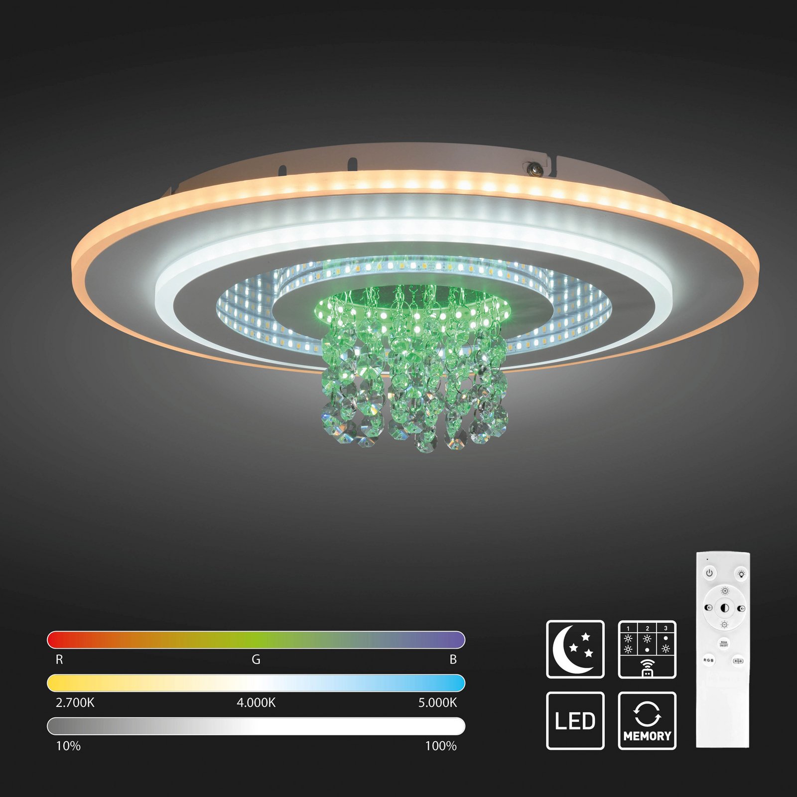 JUST LIGHT. LED plafondlamp Tolago RGB, CCT, wit, afstandsbediening
