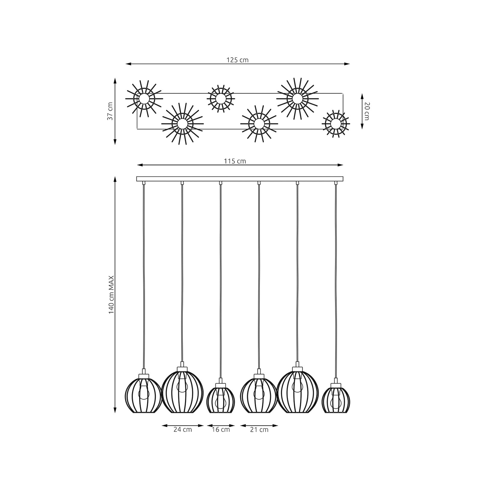 Hanglamp Nando, 6-lamps, 125 cm, zwart, metaal, E27