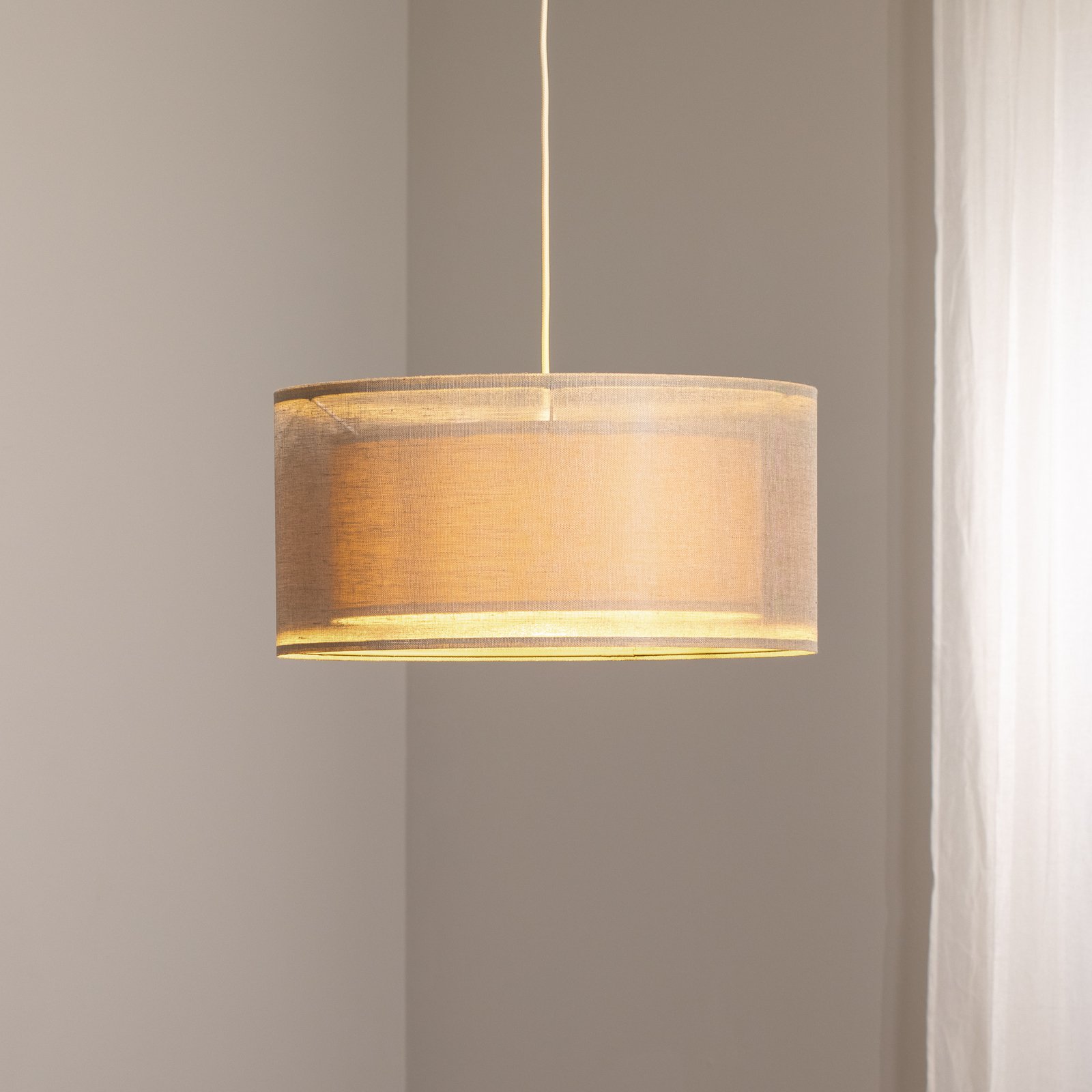 Lampa wisząca Duo Den Light, beżowa, Ø 50 cm, len, PVC