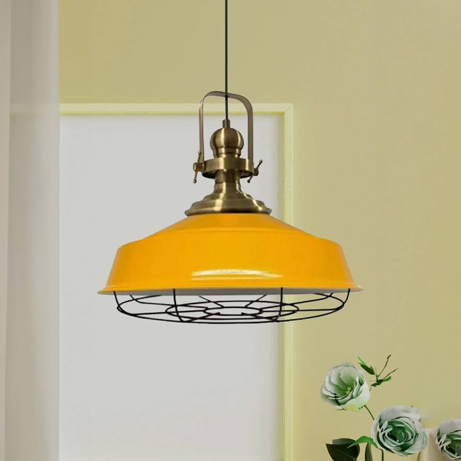ROYALTECH Závěsné svítidlo Astel, žlutá barva, Ø 41 cm, kov, detaily ve staromosazném