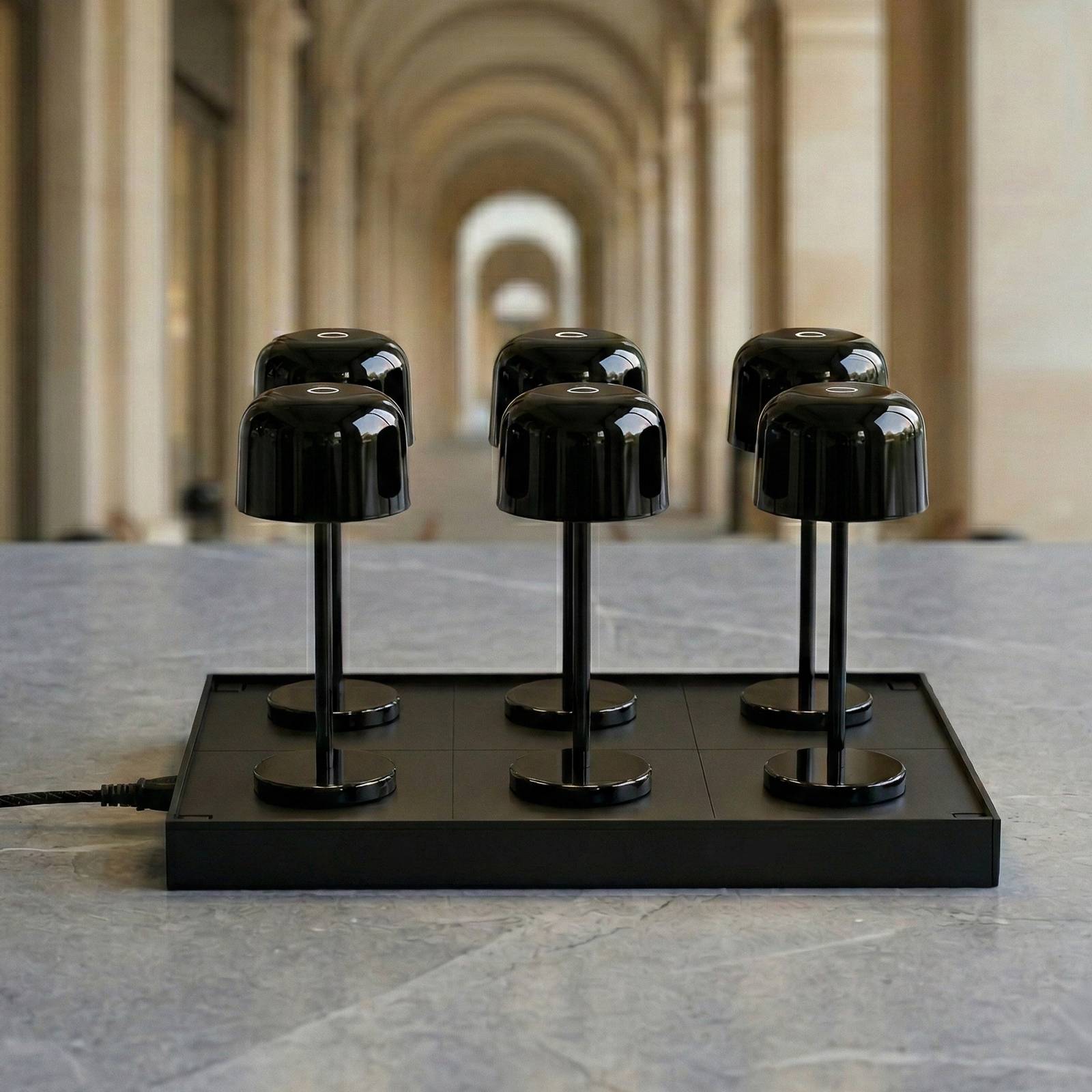 Lucande Quill LED table lamp, black, set of 6, charging station