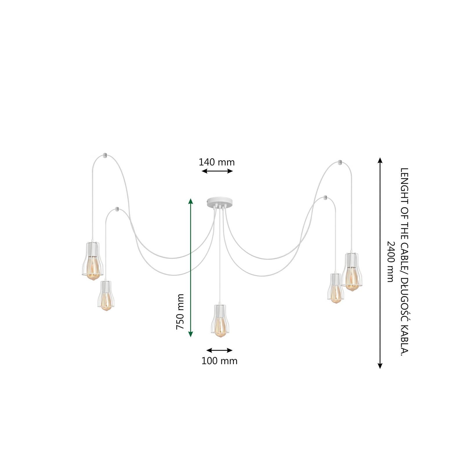 Lampa wisząca Tube Long, biała, metalowa, 5-punktowa, E27